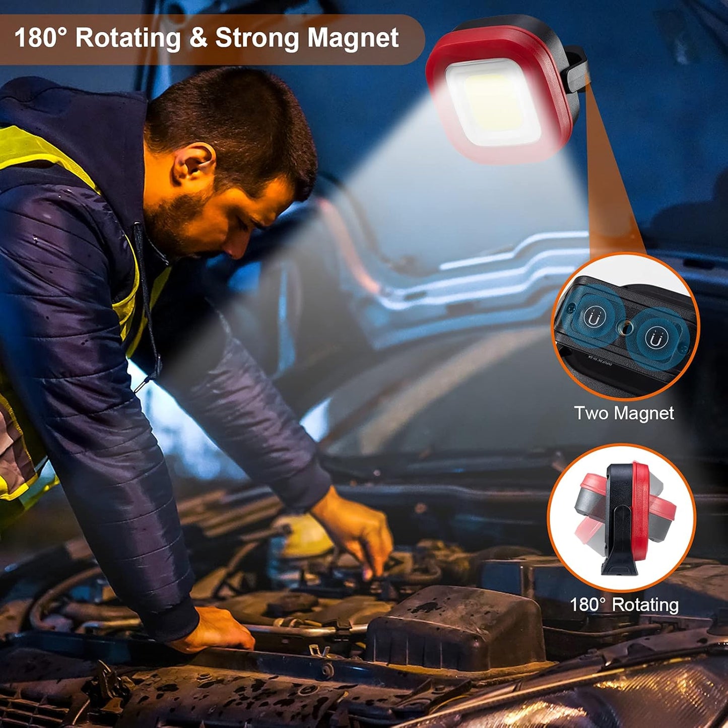ORHOMELIFE Magnetic Work Light, 42 LEDs 1000 Lumens Rechargeable Portable Magnetic Flashlight Inspection Light for Car Repair, Camping, Emergency & Job Site Lighting (2 PCS)