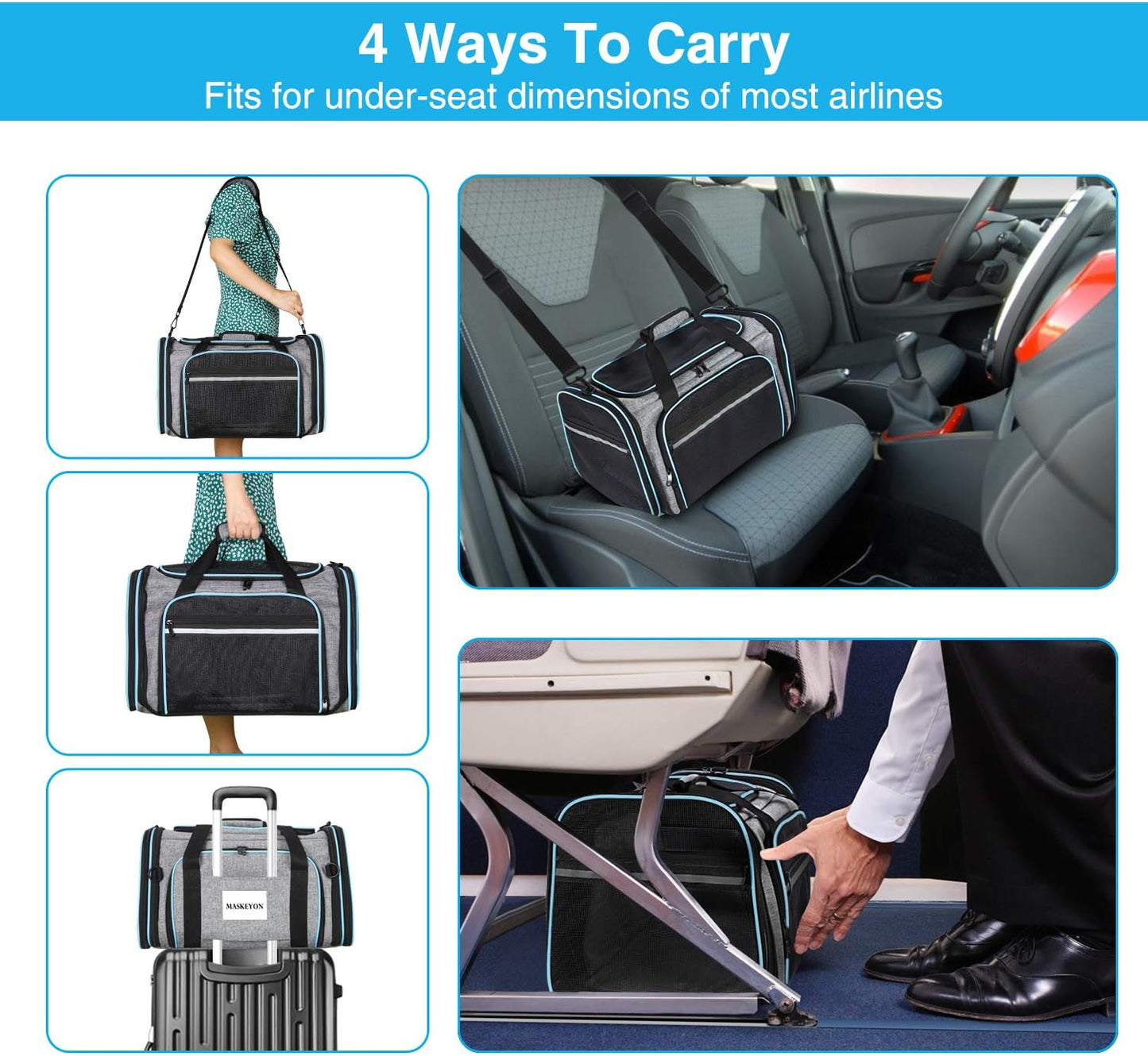 MASKEYON Airline Approved Portable Pet Carrier 2 Sides Expandable Soft-Sided Large Cats Carrier Collapsible Kennel Travel TSA Carrier 4 Doors with Removable Pads and 3 Pockets for Puppy Small Dogs