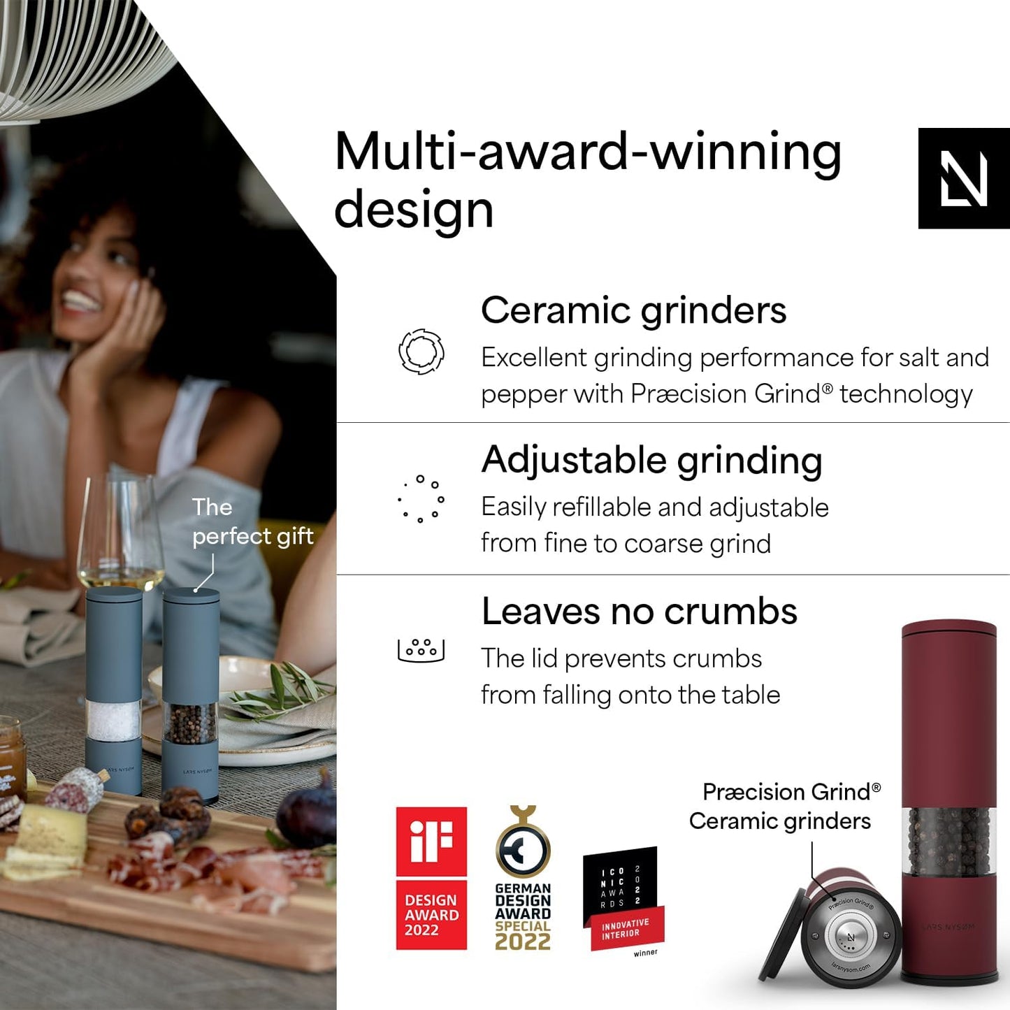 LARS NYSØM Salt and Pepper Mills Set Stainless Steel with Adjustable Ceramic Grinder 2 Pieces I Design Spice Mills Set Manual (Mustard Yellow)