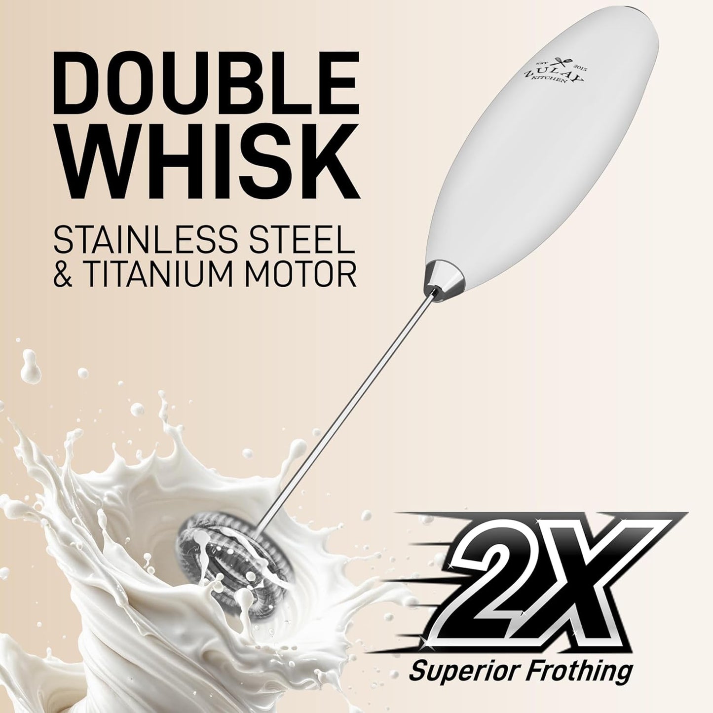 Zulay Kitchen Powerful Double Whisk Milk Frother Handheld - Foam Maker with Stand - Whisk Drink Mixer for Coffee, Mini Foamer for Latte, Matcha, Frappe, Hot Chocolate & Cappuccino (Black)