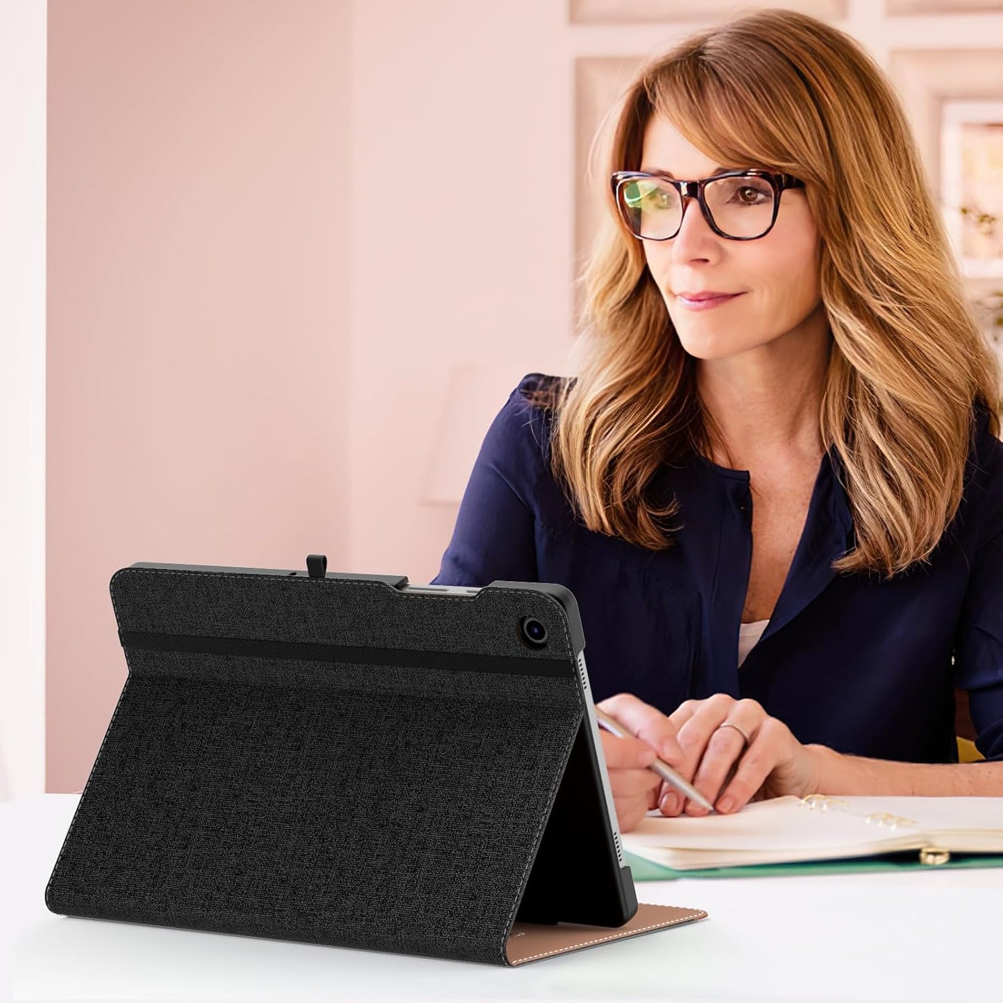 MoKo Case for Samsung Galaxy Tab A9 Plus 11" 2023 (SM-X210/SM-X216/SM-X218), PU Leather Multi-Angle Viewing Folding Stand Cover Case with Hand Strap, Front Pocket, Auto Wake/Sleep, Denim Blue & Brown