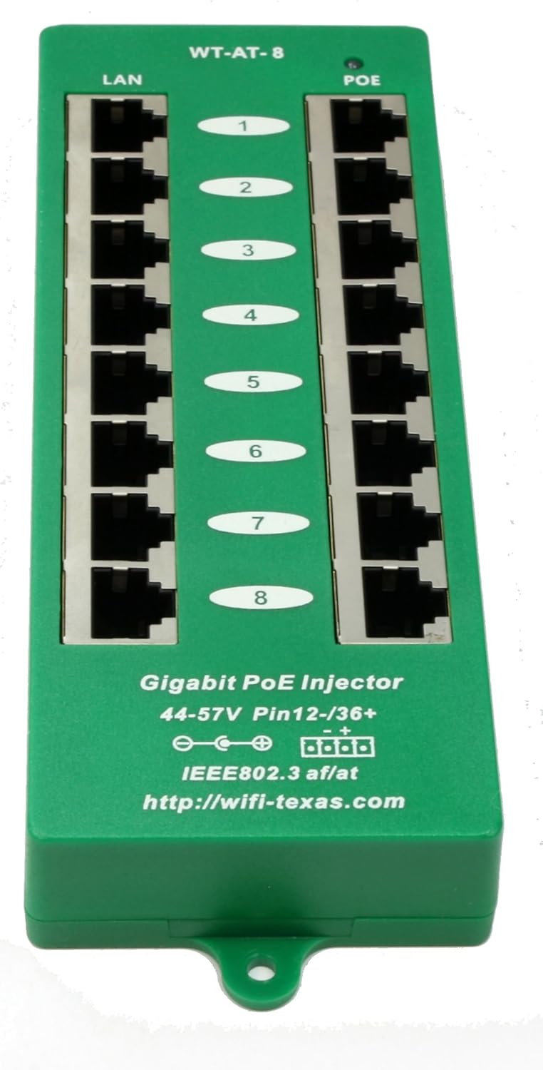 Purilite Select 8-Port Gigabit PoE Injector with 48V Power Supply – 60W Total Output for IP Phones, Cameras & Access Points