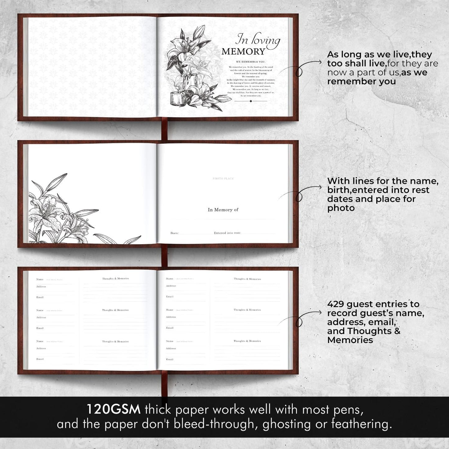 Funeral Guest Book for Memorial Service,Celebration of Life Guest Book for Funeral,Memorial Service Guest Book with 144 Pages, Brown 8X10″