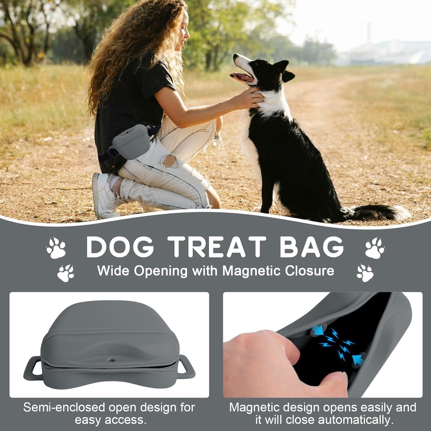 Dog Treat Pouch for Training, Silicone Magnetic Closure Dog Treat Bag Portable Treat Pouch with Belt, Waterproof Small Treat Bag for Dog Training, Dog Walking (Gray)