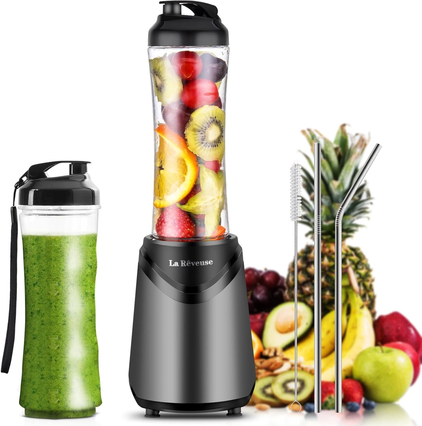 La Reveuse Smoothies Blender Personal Size 300 Watts with 2 Pieces 18 oz BPA Free Portable Travel Sports Bottles (Silver 2 Cups)