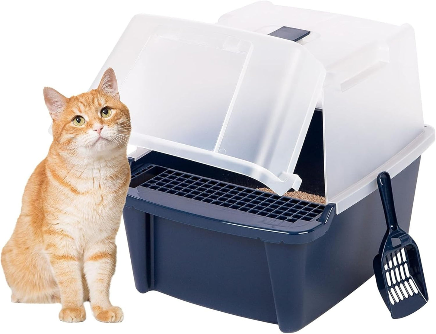 IRIS USA Cat Litter Box, Litter Box Enclosure with Scoop and Front Door Flap, Covered Kitty Litter Box for Privacy, Portable, Easy to Clean, Navy