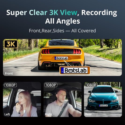 BOTSLAB 4 Channel 3K Dash Cam, 560° All-Sides View, 3.18" Touch Screen, 3K/4K Front and 1080P Rear Inside, Vocie Control, 5.8GHz WiFi Car Camera, G-Sensor, GPS, 24/7 Parking Monitor, 128GB SD Card - PuriLite