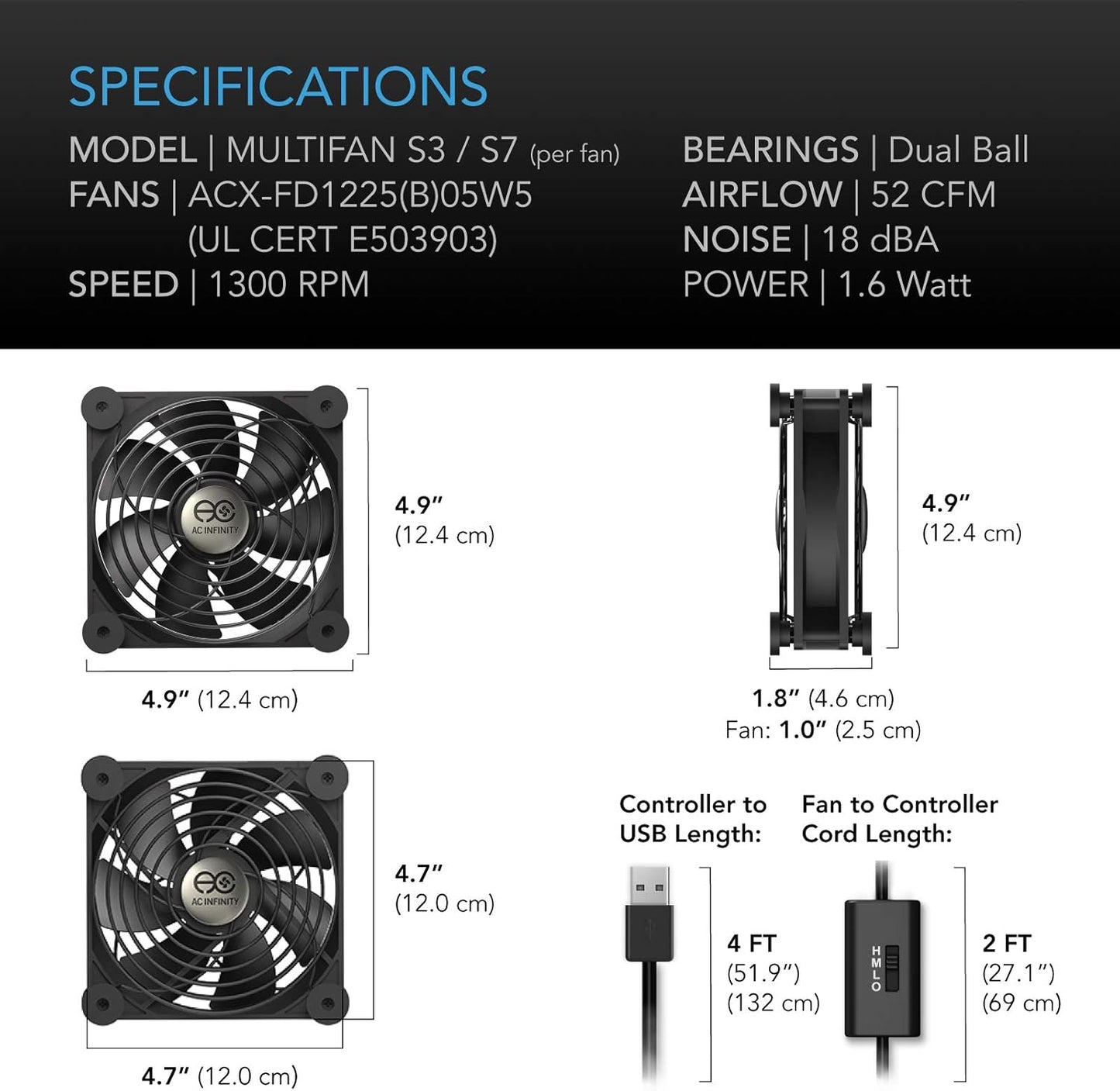 AC Infinity MULTIFAN S3 Quiet 120mm USB Cooling Fan – UL-Certified, Multi-Speed Adjustable for Electronics, Game Consoles, DVR, Receiver, and Computer Cabinets