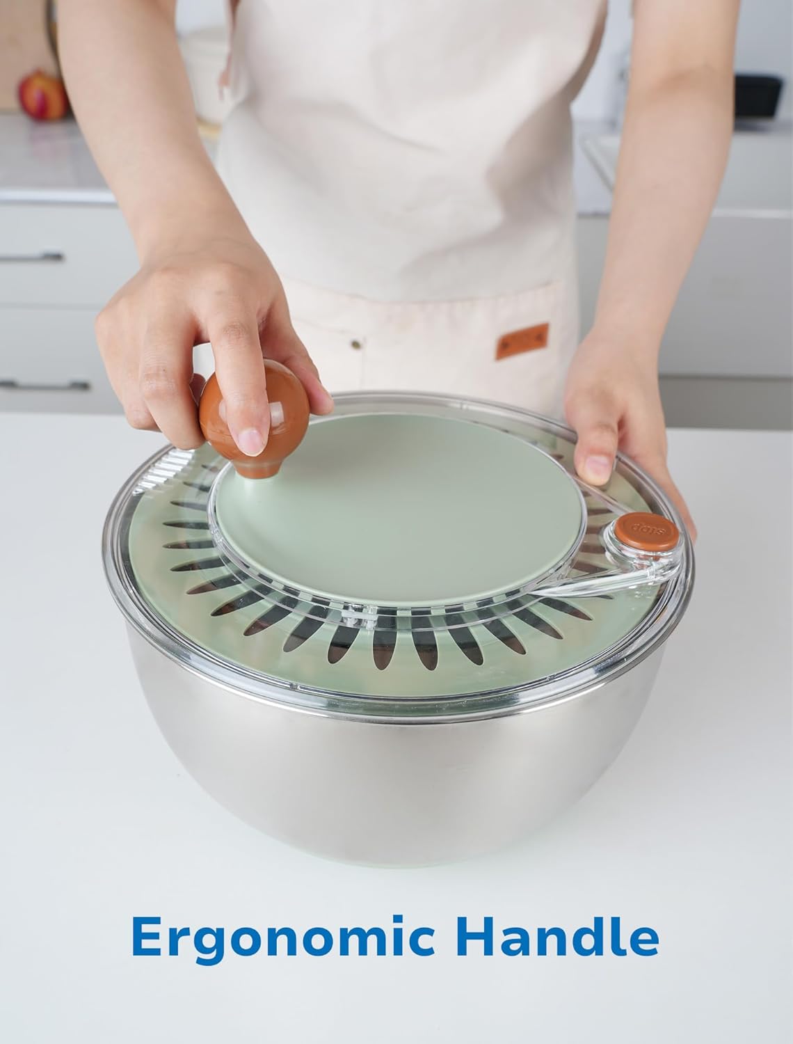 Lunememo Stainless Steel Salad Spinner, Lettuce Spinner with Drain, Non-Slip Base, Stop Button, Vegetable Dryer, BPA Free, 5L