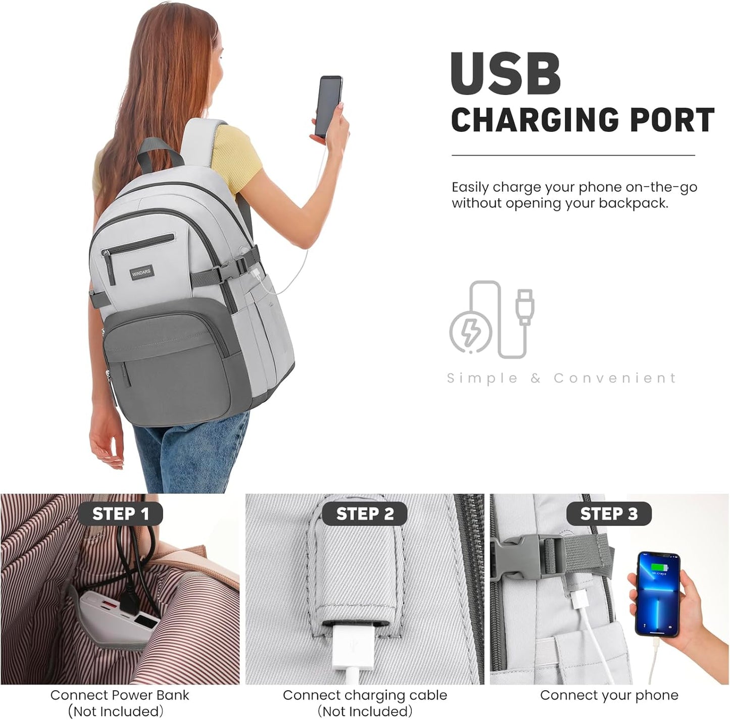 WINDARS Backpack for School Girls, Cute High School Backpacks for Teens Women Student Large Bookbag 15.6 Inch Laptop Bag with USB Charger Port for College Work Travel Trip (Beige Khaki)