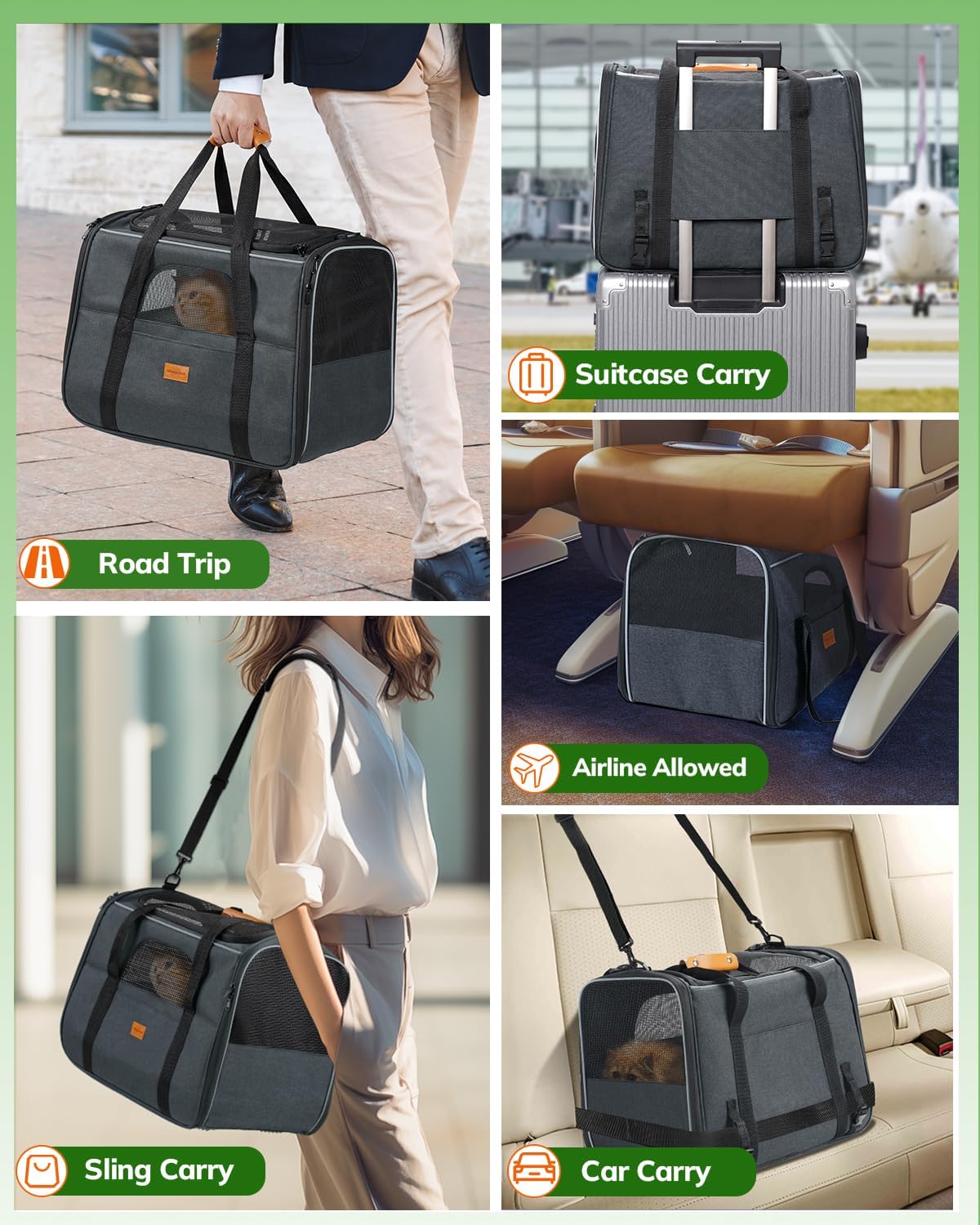 Morpilot Cat Carrier Soft - Portable Pet Carrier for Small or Medium Cats, Dogs and Puppy up to 14lbs, Airline Approved Dog Carrier with Safety Buckle - (Dark Gray)