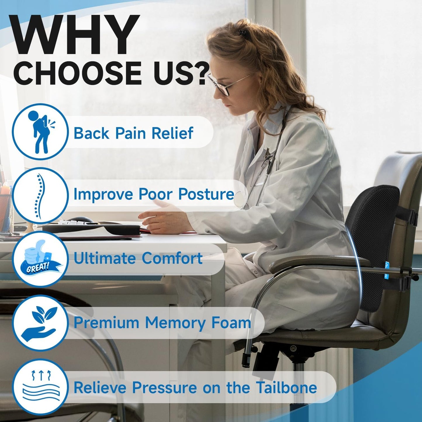 Lumbar Support Pillow for Office Chair Car Memory Foam Back Cushion Back Pain Relief Improve Posture Large Back Pillow for Computer, Gaming Chair, Recliner with Mesh Cover Double Adjustable Straps