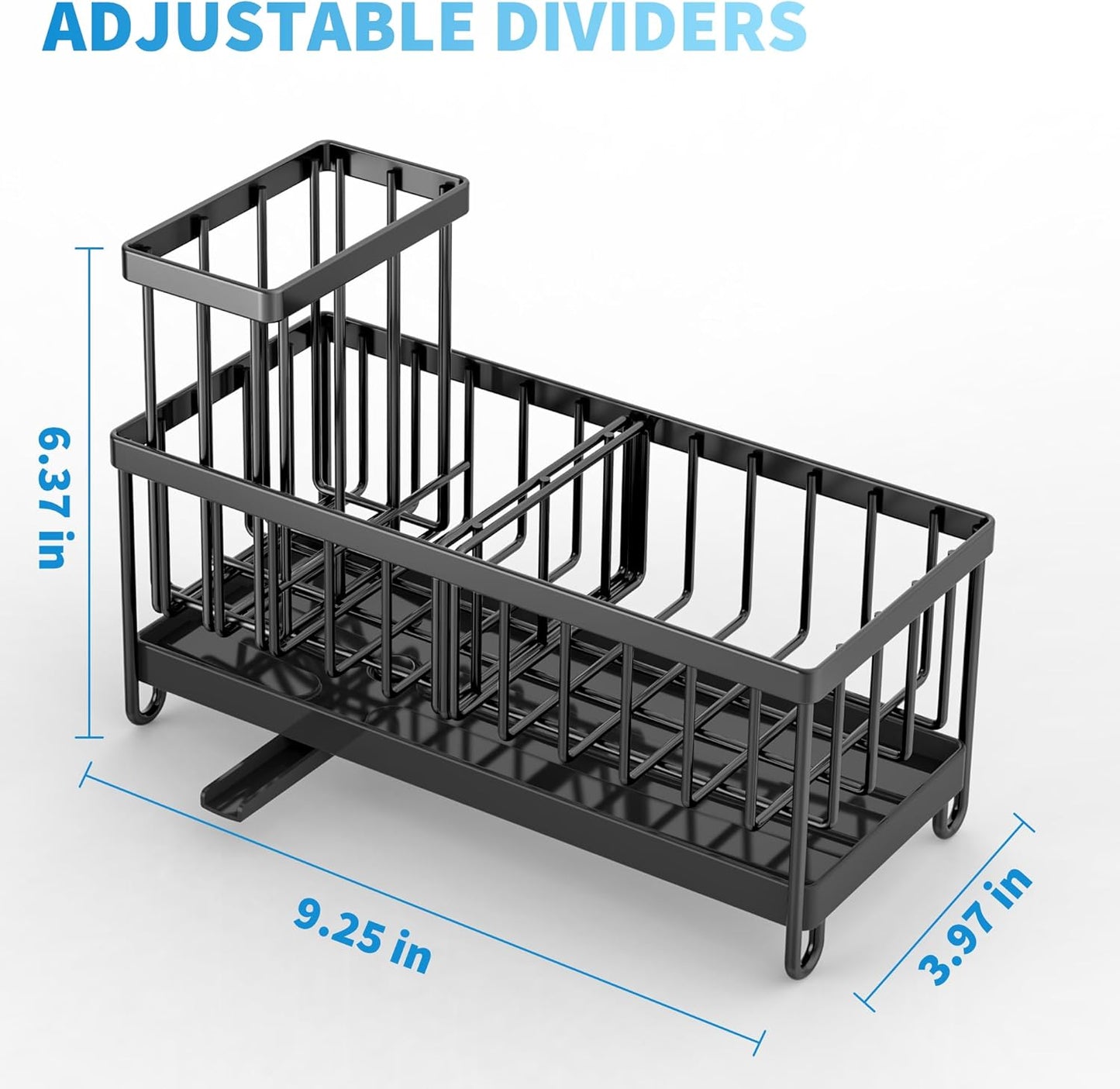 Cisily Sponge Holder for Kitchen Sink, Sink Caddy with High Brush Holder, Organzier Rustproof 304 Stainless Steel Dish Organizer Divider, Soap Dispenser Storage (Black)