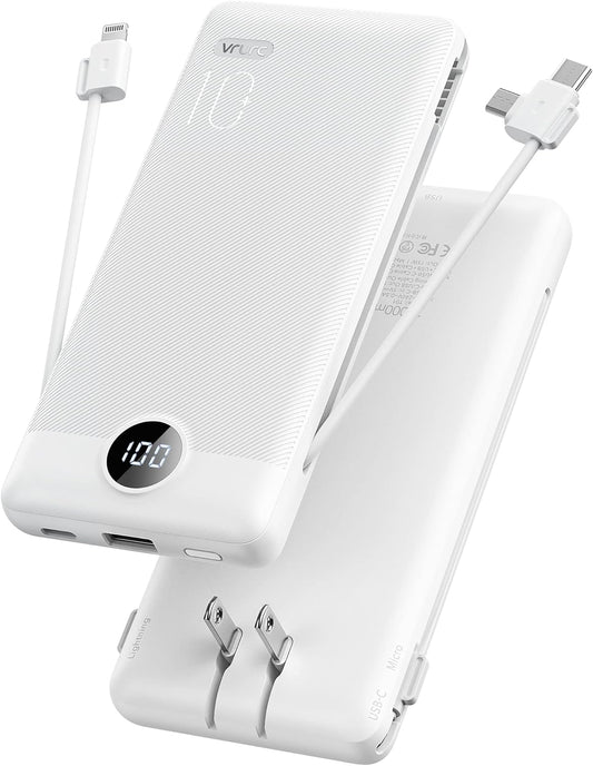 Portable Charger for iPhone, 10000mAh Power Bank with Built-in Cables & AC Wall Plug, USB C Phone Charger 5 Output External Battery Pack Compatible with iPhone Samsung Google Pixel Android -White