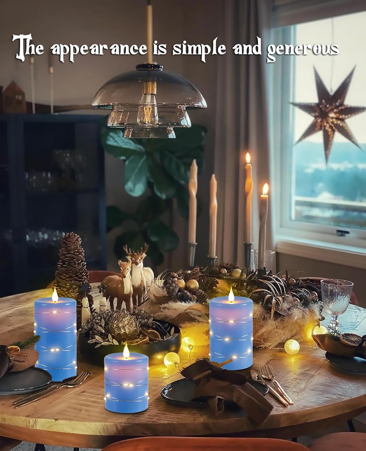 Upinmz Blue Flickering Flameless Candles with Embedded String Lights, Battery Operated Candles with Remote Control and Timer,Flameless LED Candles for Home Decoration,Real Wax, Set of 3