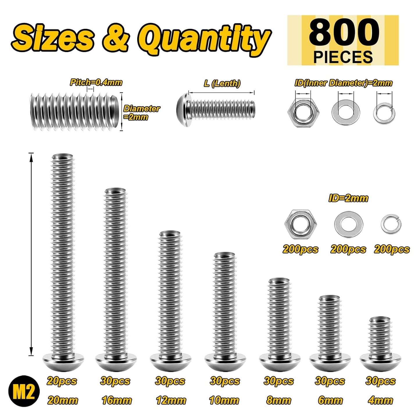 Mywish 900Pcs Metric Screw Assortment, M3 M4 M5 M6 Screw Assortment Kit 304 Stainless Steel Hex Socket Button Head Socket Cap Metric Screws Bolts & Flat Washers/Nuts/Hex Wrenches 16 Sizes 8MM to 20MM