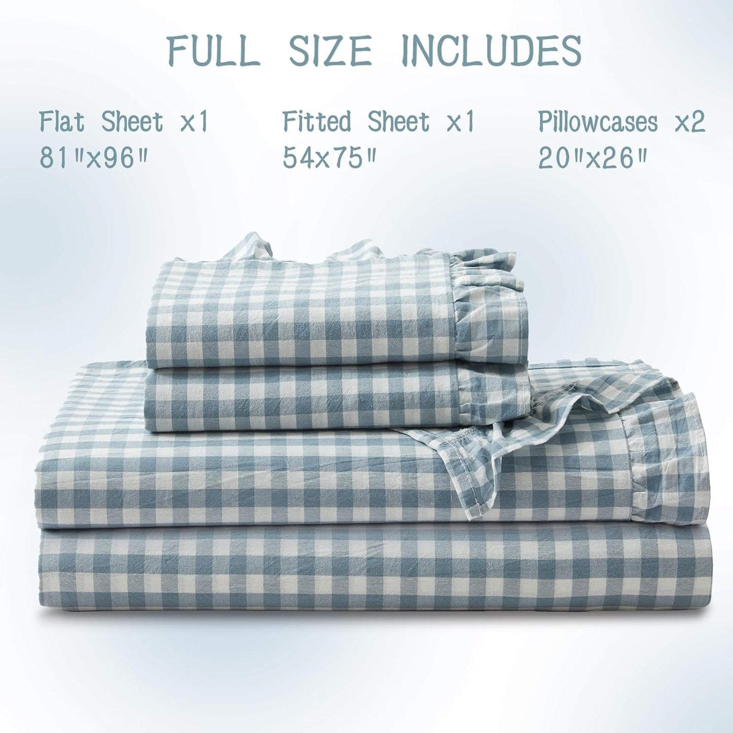 KKJIAF 3 Pieces Plaid Ruffle Twin Bed Sheets, Gingham Twin Sheet Set Comfy Breathable Ruffed Bed Sheet Set with 16 Inch Deep Pocket, Dusty Blue