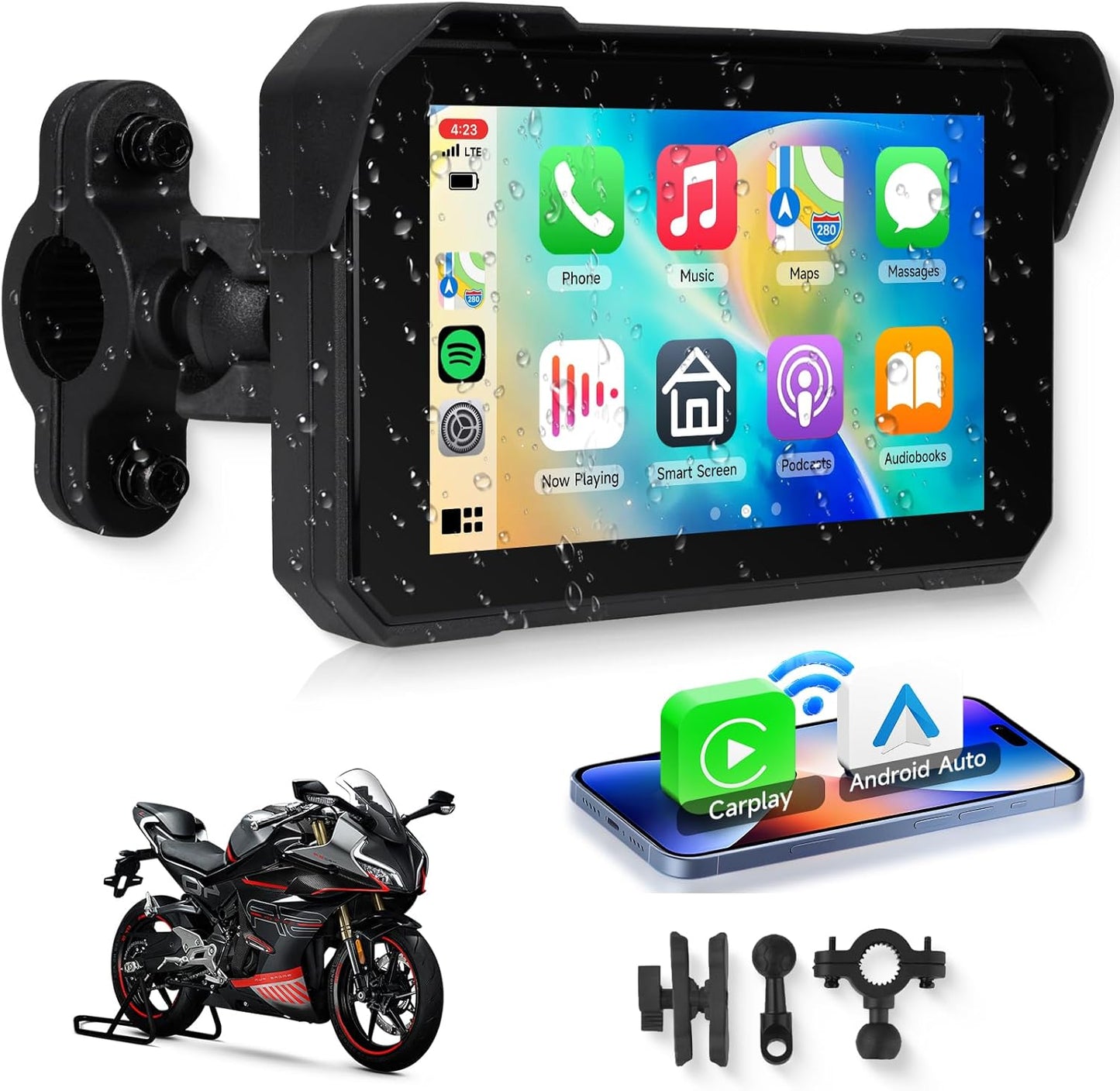 5 Inch Motorcycle CarPlay Screen - Wireless CarPlay/Android Auto/Mirror Link, IP68 Waterproof Touchscreen with Adjustable Mount, Bluetooth, Manual-Dimming HD Display for Motorcycles
