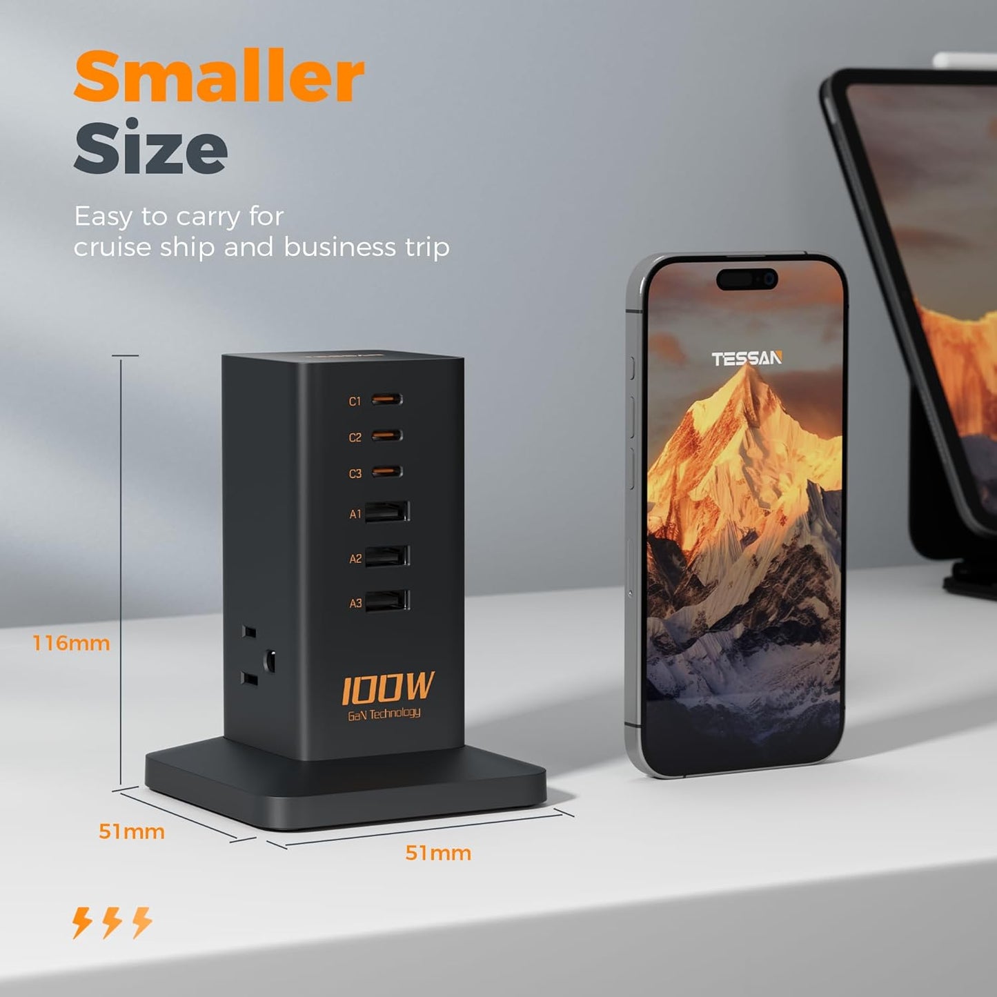 Charging Station, TESSAN 65W Max GaN USB C Charger Block, 6-Ports and 3 AC Outlets Power Tower, Fast Charging for Multiple Devices, Compatible with iPhone, Samsung and More