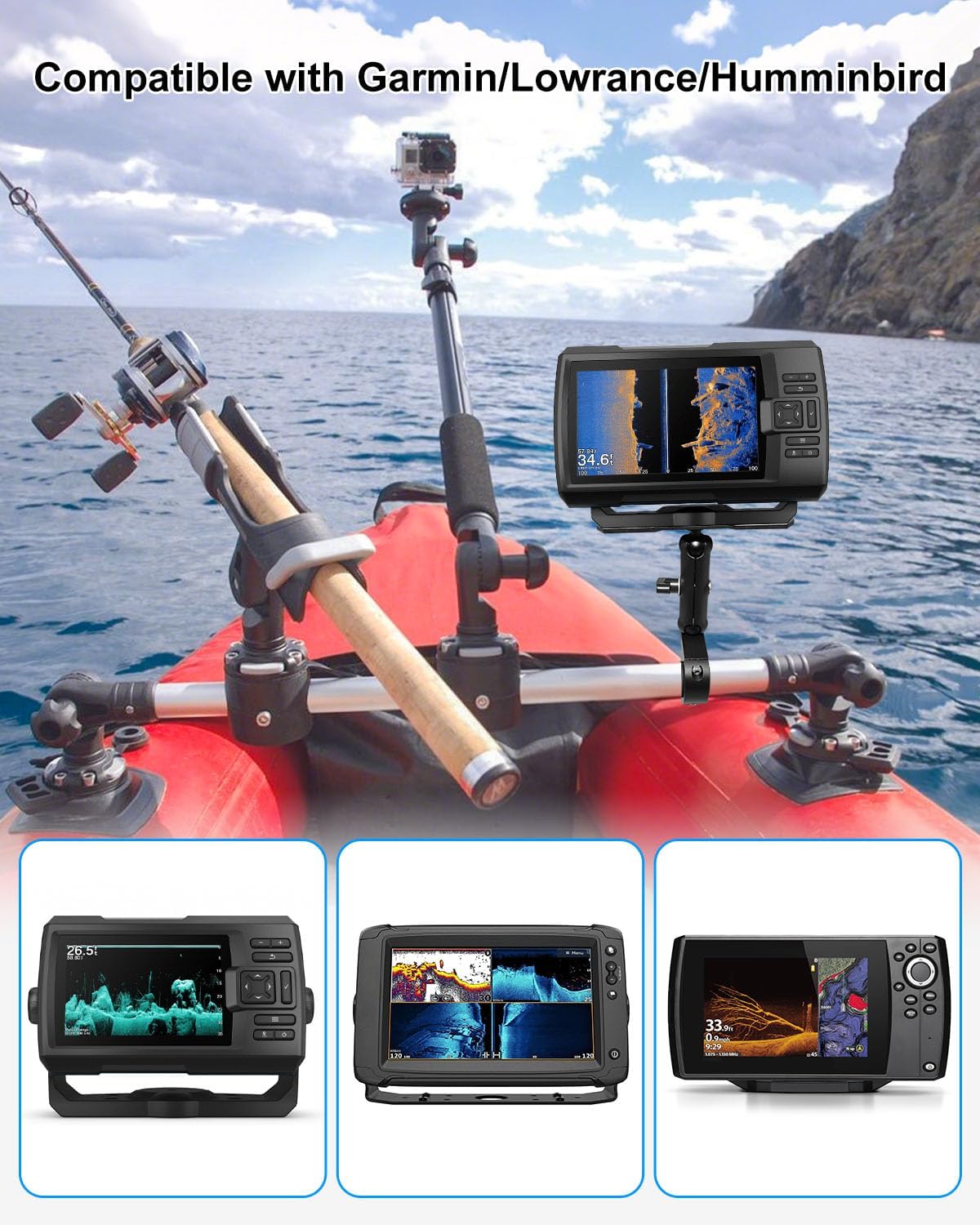 Fish Finder Mount Compatible with Garmin Lowrance Humminbird Sonars, Marine-Grade Fish Finder Mounting Bracket with Pipe Clamps 0.8-1.4 Inch, Depth Finder Holder for Marine Boat Kayak Pontoon Canoe