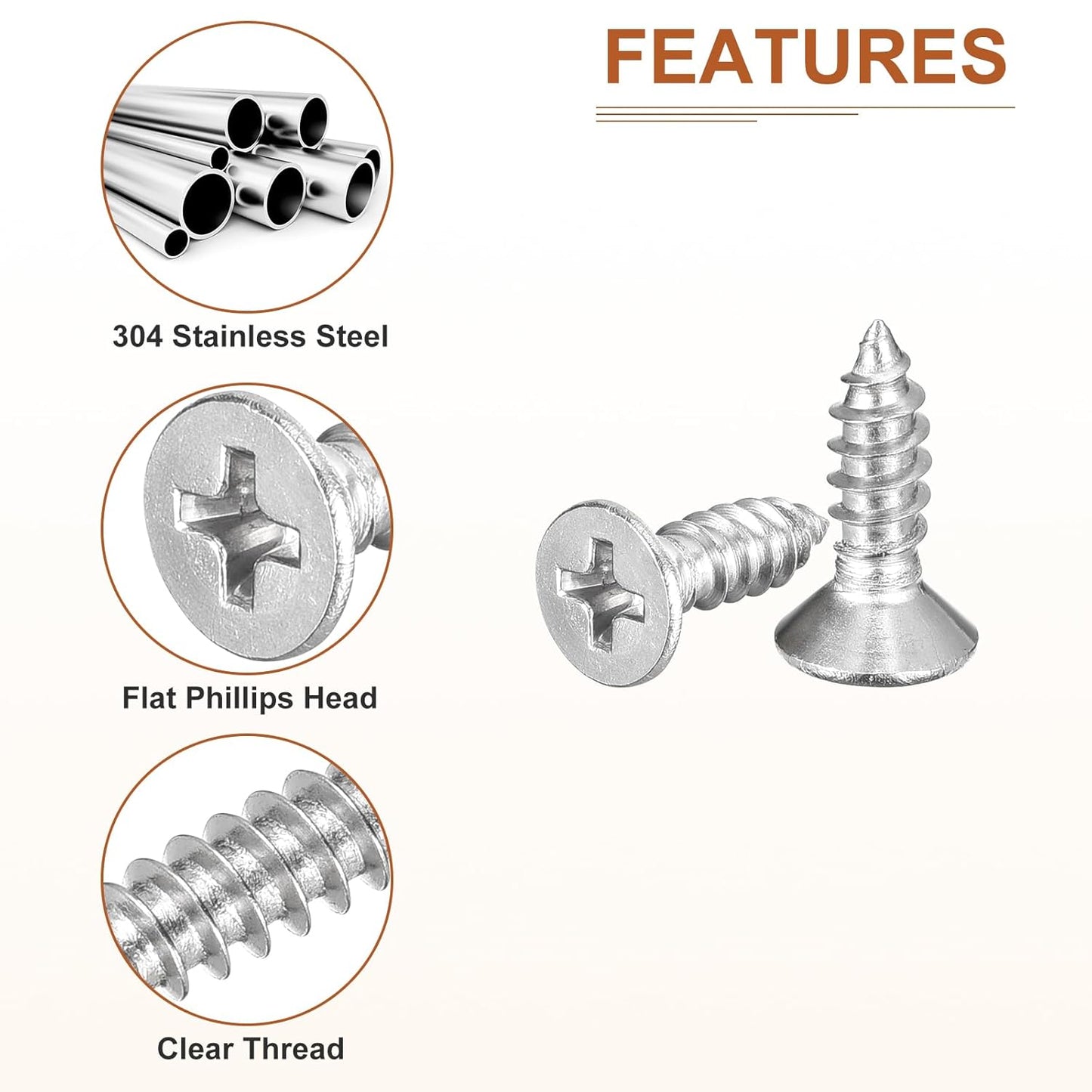 DTGN 100Pcs #8x1 Flat Head Wood Screws, 304 Stainless Steel Phillips Self Tapping Screws - Good for Woodworking, Furniture - Silver