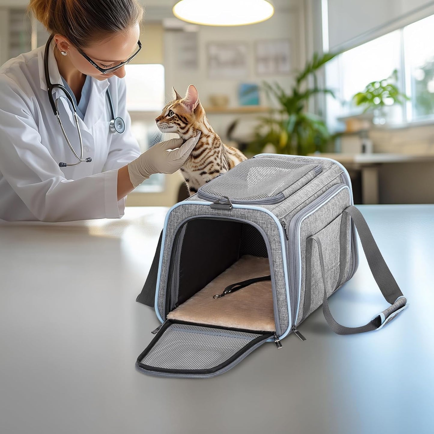 Petsfit Expandable Cat Dog Carrier Airline Approved, 17" L x 11" W x 11" H Soft-Sided Portable Pet Travel Carrier for Kitten, Puppy, Removable Soft Plush Mat and Pockets, Auto-Locking Zippers