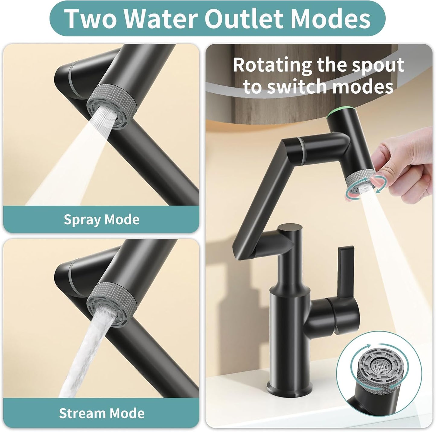 EAARSUO Single Hole Rotatable Bathroom Faucet with Temperature Display, Single Handle Modern Rotating Bathroom Sink Faucet 1 Hole, 1080 Degree Swivel Faucet with 2 Water Outlet Modes (Black)