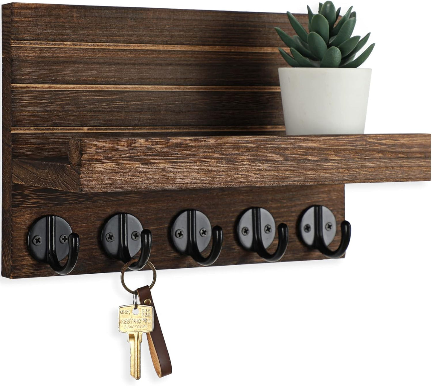 Lwenki Key Holder for Wall, Decorative Key and Mail Holder with Shelf Has Large Key Hooks for Bags, Coats, Umbrella – Paulownia Wood Key Hanger with Mounting Hardware (Black)
