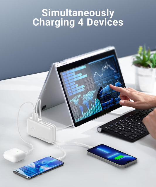 Portable Charger Power Bank 16000mAh Power Bank Built-in AC Wall Plug and Cables, PD 30W and QC4.0 Fast Charger for Most Electronic Devices (White) - PuriLite