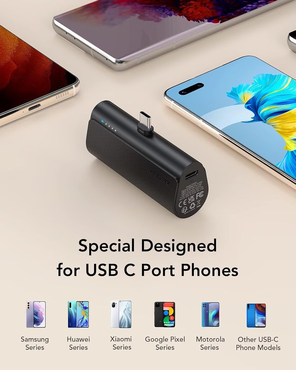 2-Pack Mini 5000mAh USB-C Portable Charger – 20W Fast Charging Power Bank, Pocket-Size Battery Pack for USB-C Phones, Lightweight Travel Backup Charger - PuriLite