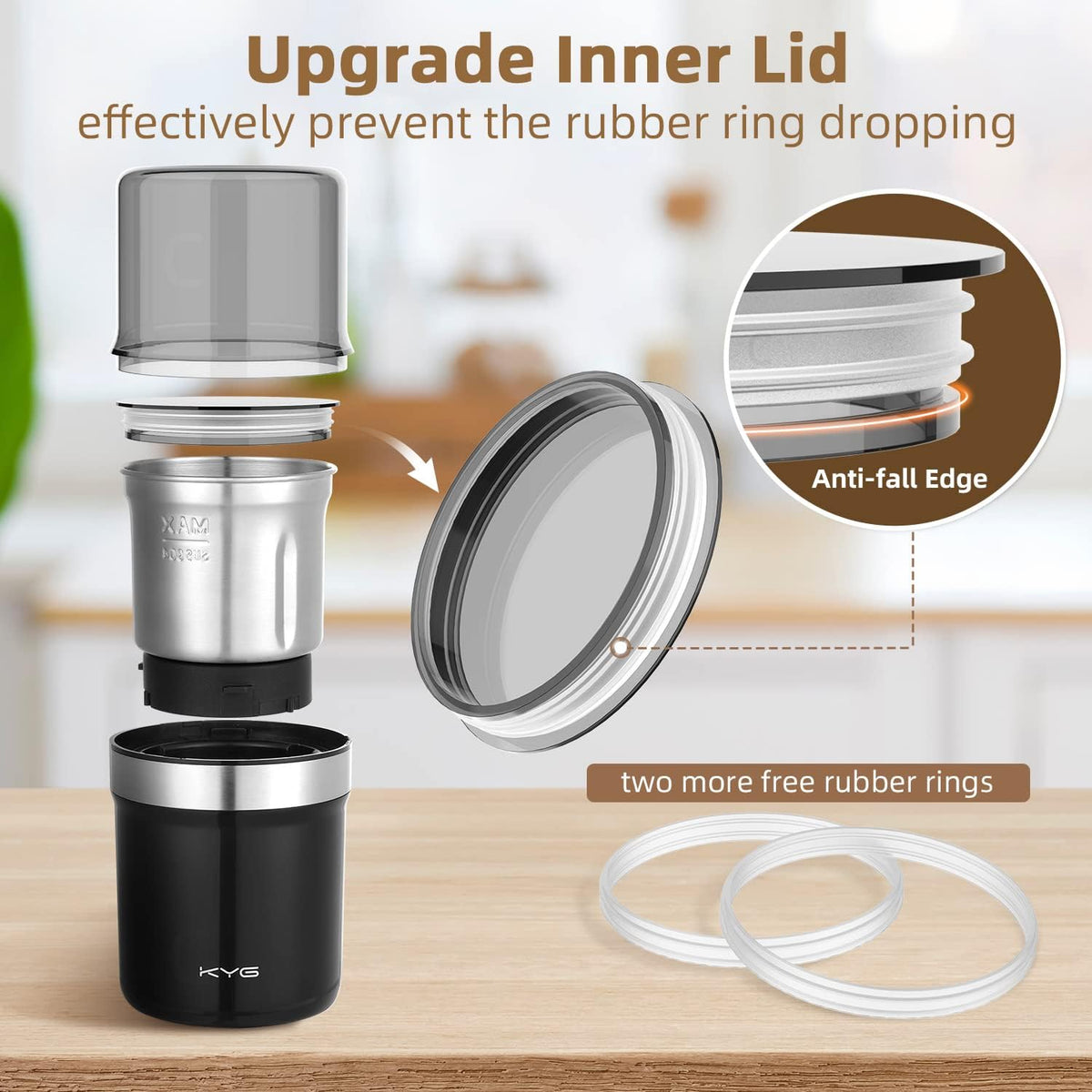KYG Electric Coffee Grinder, 2 Removable Bowls, Black