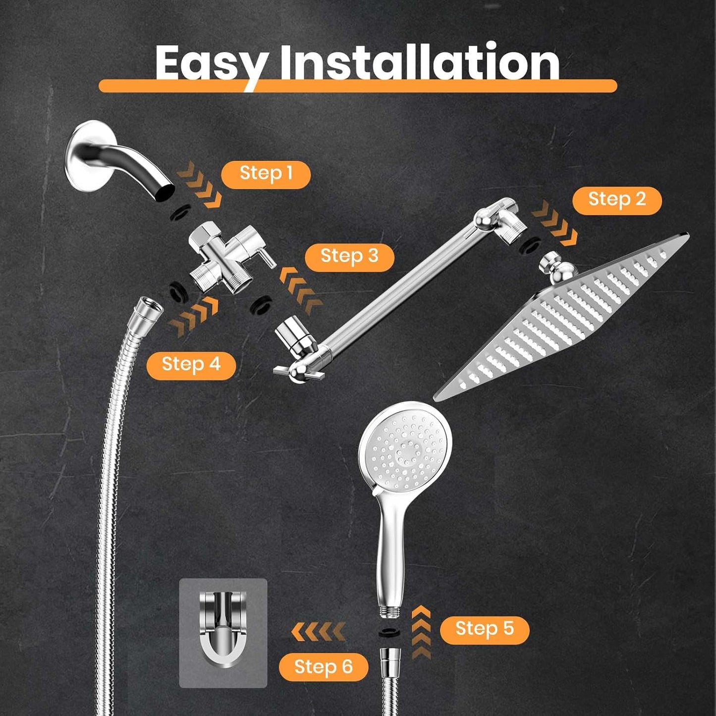COSYLAND Rain Shower Head with Handheld - 304 Stainless Steel High Pressure 8 inch Square Rainfall Showerhead Combo with 5 Spray Mode 11 inch Extension Adjustable Arm & 60 inch Hose - Chrome