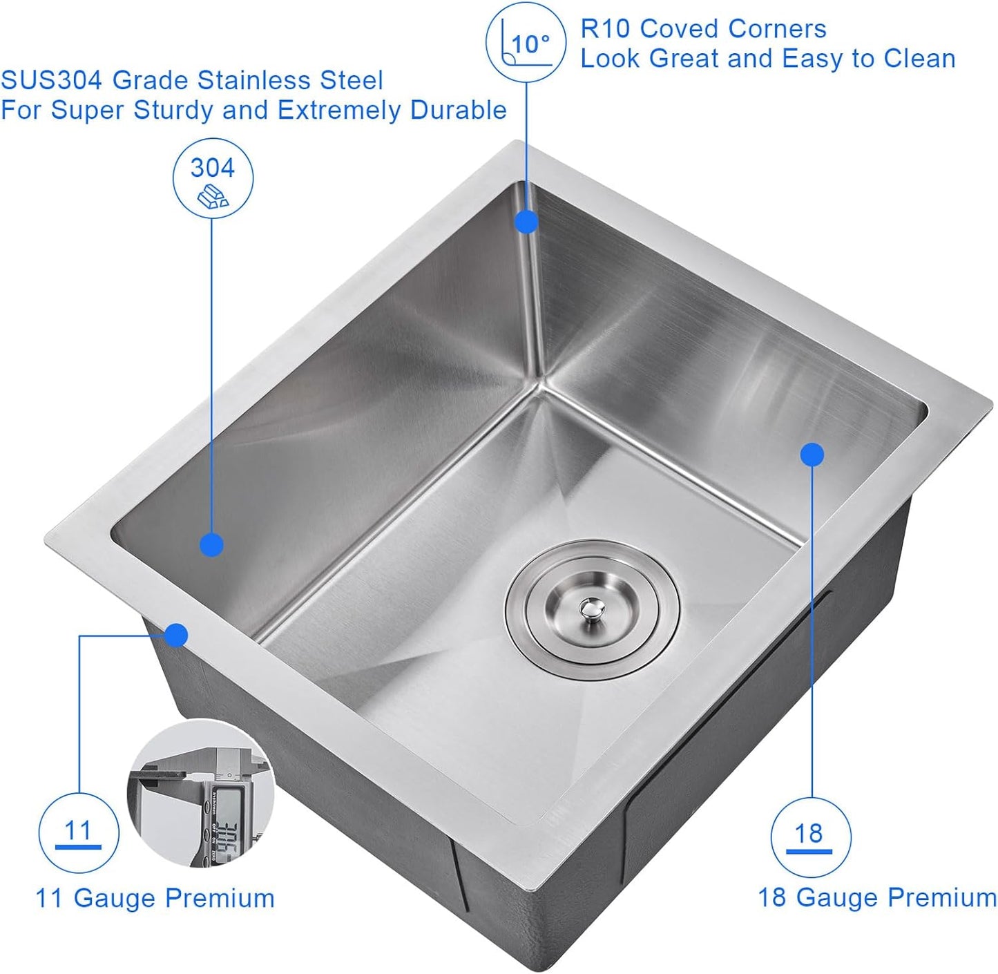 MENATT 20-inch Undermount Kitchen Sink, SUS304 Stainless Steel Handmade Single Bowl Kitchen Sink with Sink Strainer (Brushed), 20"x16"x9"