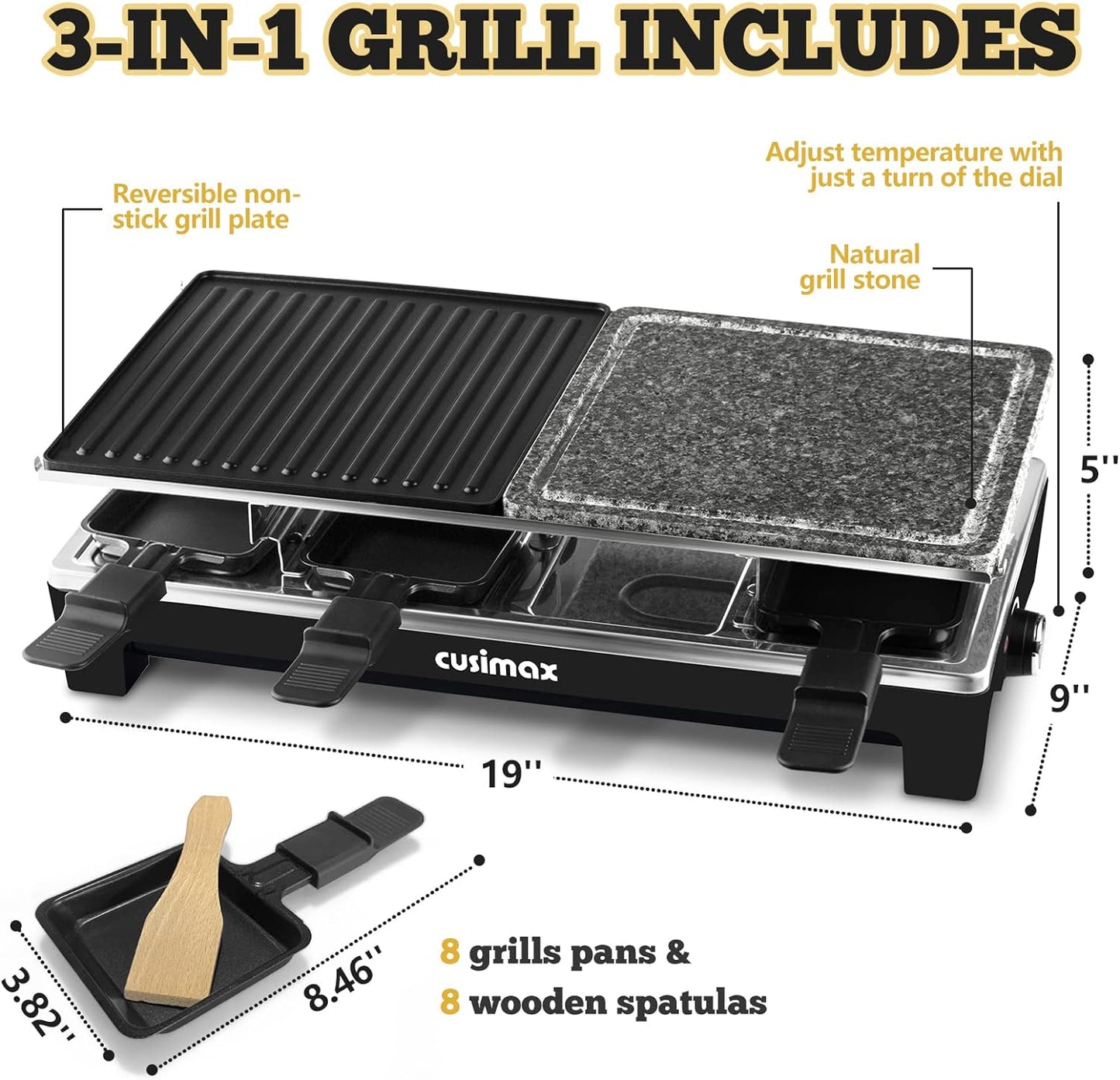 Raclette Table Grill, CUSIMAX Electric Indoor Grill, Portable Korean BBQ Grill with 2 in 1 Reversible Non-stick Plate& Natural Grill Stone, 1500W Electric Party Grill, 8 Raclette Pans& Wooden Spatulas
