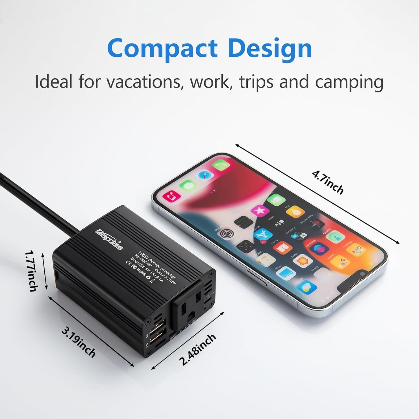 Bapdas 150W Car Power Inverter with 1 DC 12V to 110V AC Outlet Converter and 2 USB Ports Auto Charger Adapter for Laptops and Smartphones-Black