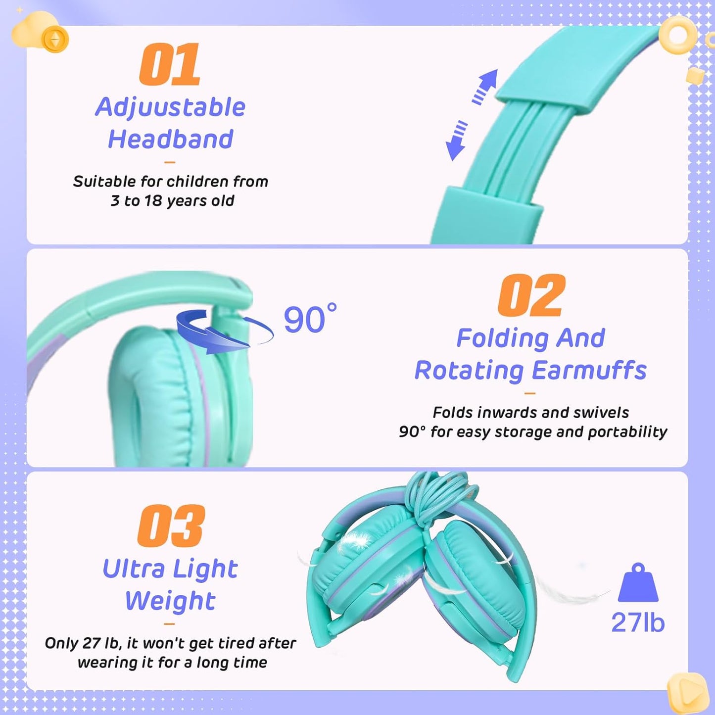 INFURTURE Kids Headphones for School Travel, 94dB Safe Volume Limited, HD Mic Stereo Sound Over-Ear Girls Boys Headphones for Kid, Foldable 3.5mm and USB-C Wired Headphones for iPad Computer