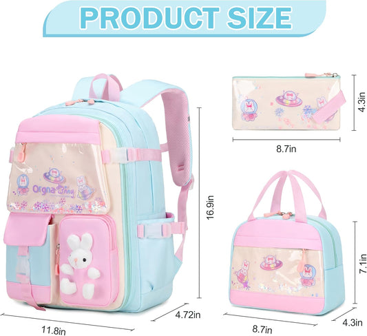 FIXITOK Girls Backpack Set, 3PCS Kids Backpack for Girls, Kawaii Bunny School Backpacks for Girl Kindergarten Elementary Preschool Middle School Bags with Lunch Box Pencil Case Aquamarine