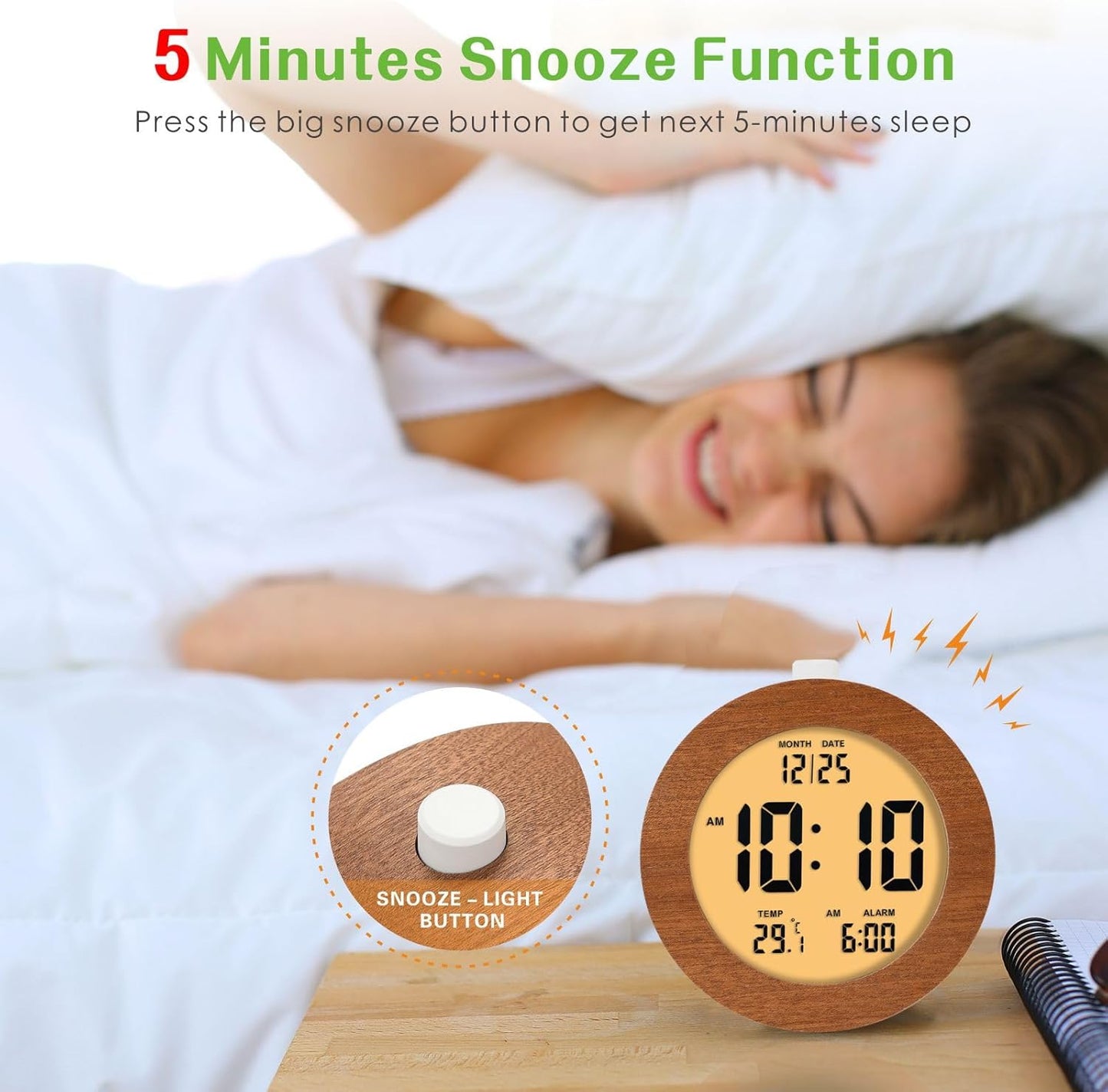 Plumeet Wooden Digital Alarm Clock for Bedrooms, Wood 4'' Battery Powered Alarm Clock with Snooze and Nightlight, Electronic LCD Desk Clock Display Time, Date, Temp, 12/24H, Wood Décor (Sapele, 3.2'')