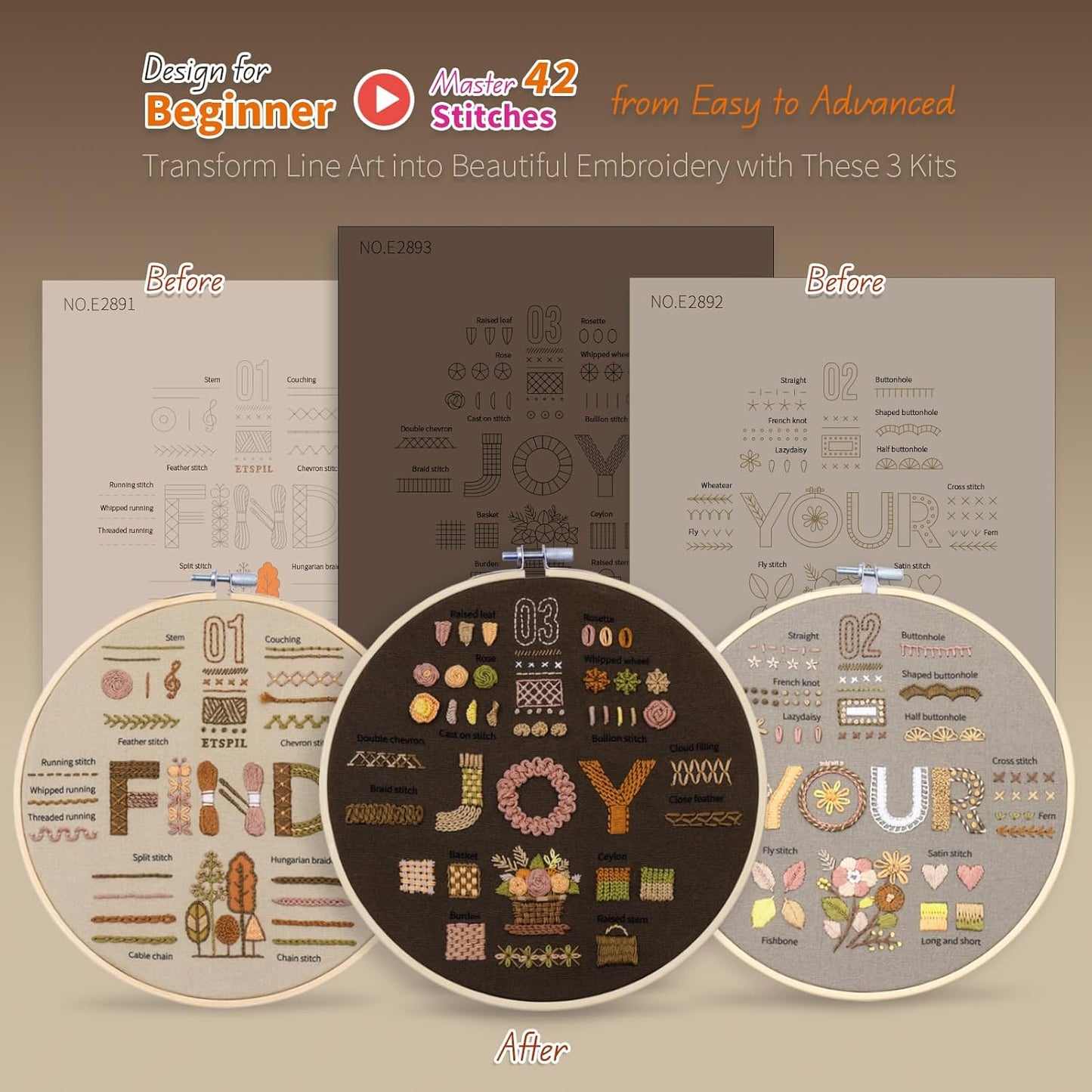 Purilite Select 3 Pack Beginner Embroidery Kits