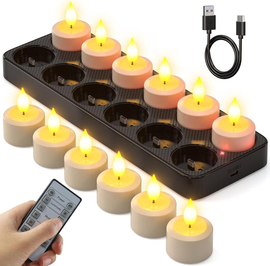 SoulBay Flameless Candles with Remote Control Timer & Charging Base, 12pcs USB Rechargeable Battery LED Tea Lights Candles Small Votive for Lantern Pool Weddings Emergency Christmas Home Decorative
