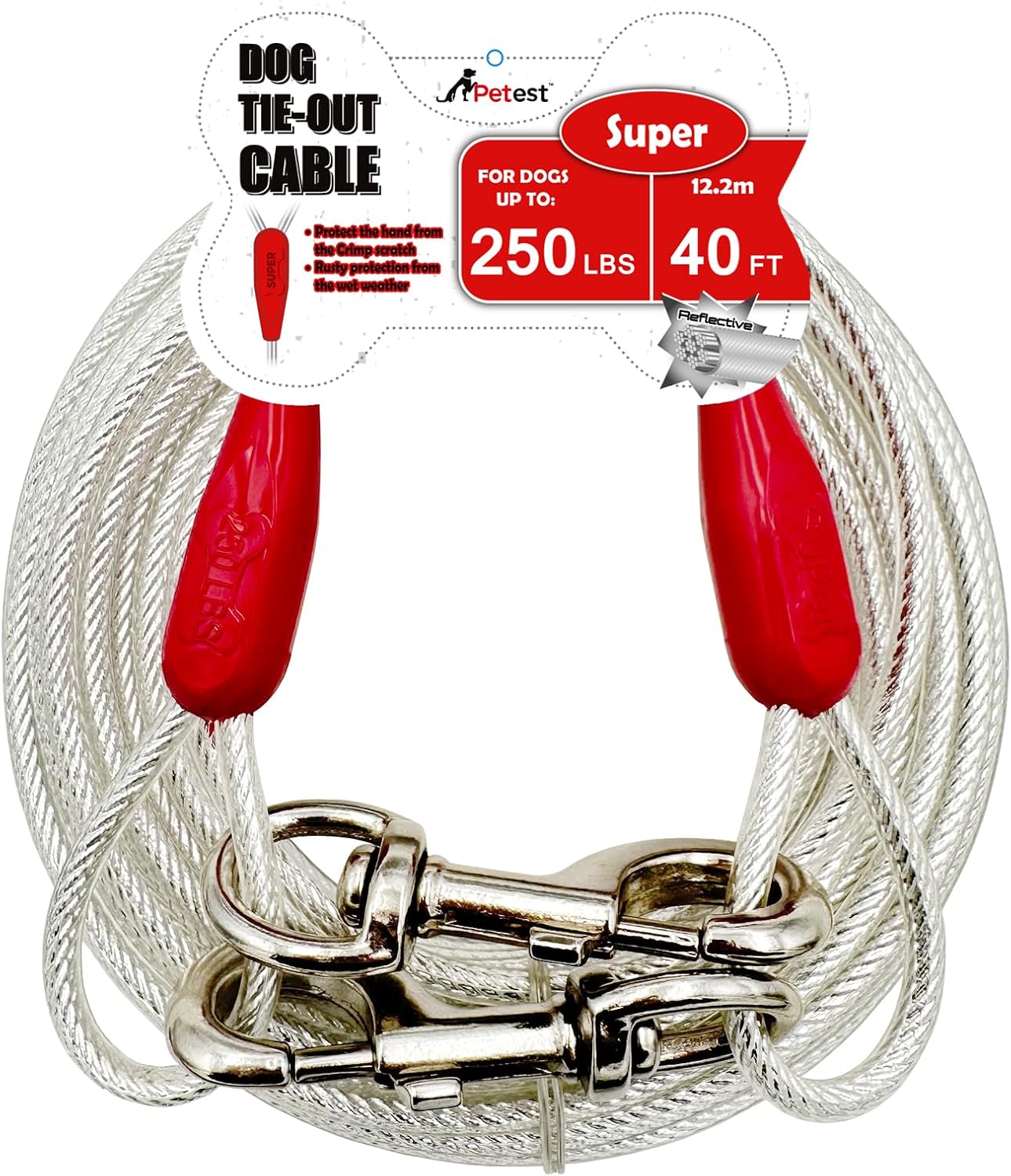 Petest 25ft Reflective Tie-Out Cable for Small Dogs Up to 35 Pounds