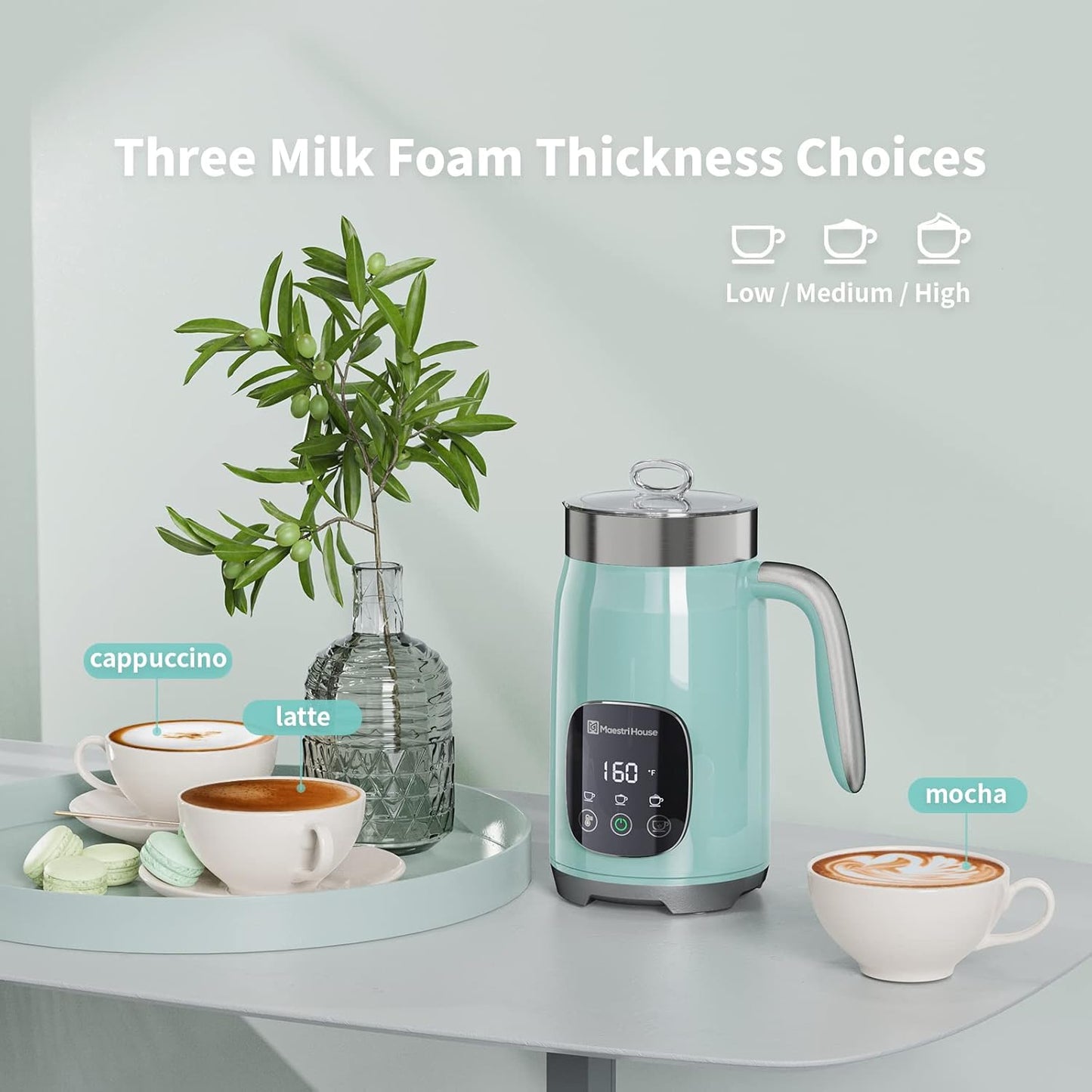 Maestri House Milk Frother, Variable Temp and Froth Thickness Milk Frother and Steamer, 14.1OZ/400ML Smart Touch Control Foam Maker, Memory Function for Latte, Warm Milk, Hot Chocolate,DualFro 400