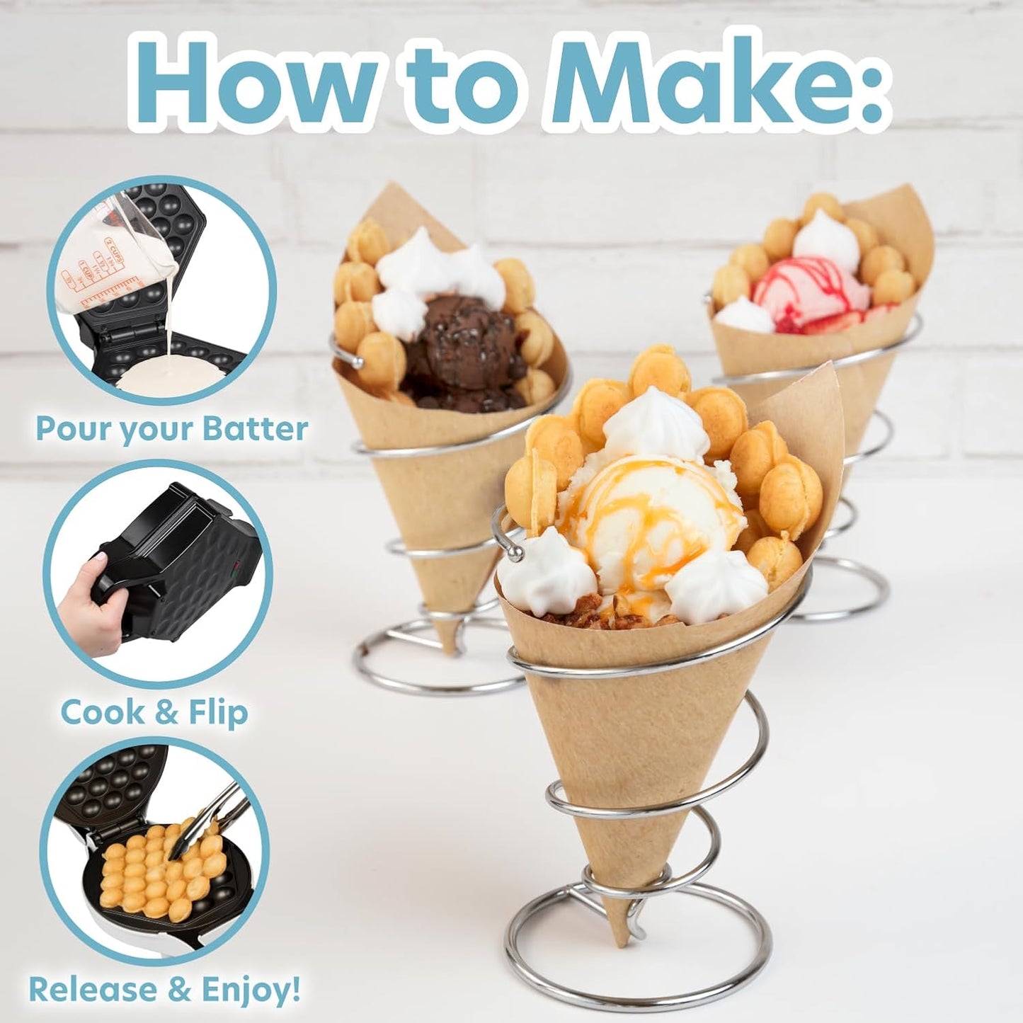 Bubble Waffle Maker - Electric Nonstick Hong Kong Egg Waffle Iron Machine - Ready in 5 Minutes with Indicator Light - Includes Bonus Recipe Guide