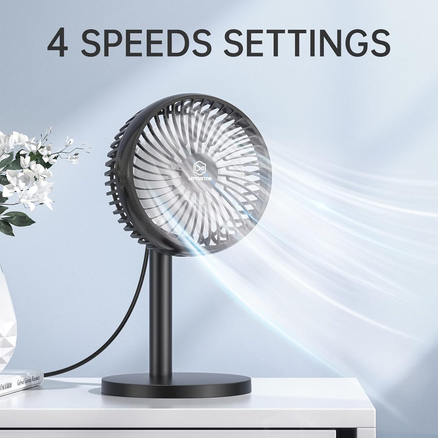 6 Inch Desk USB Fan with 4 Speeds - Adjustable Height, 72° Rotation, Quiet Table Fan for Home Office Cooling