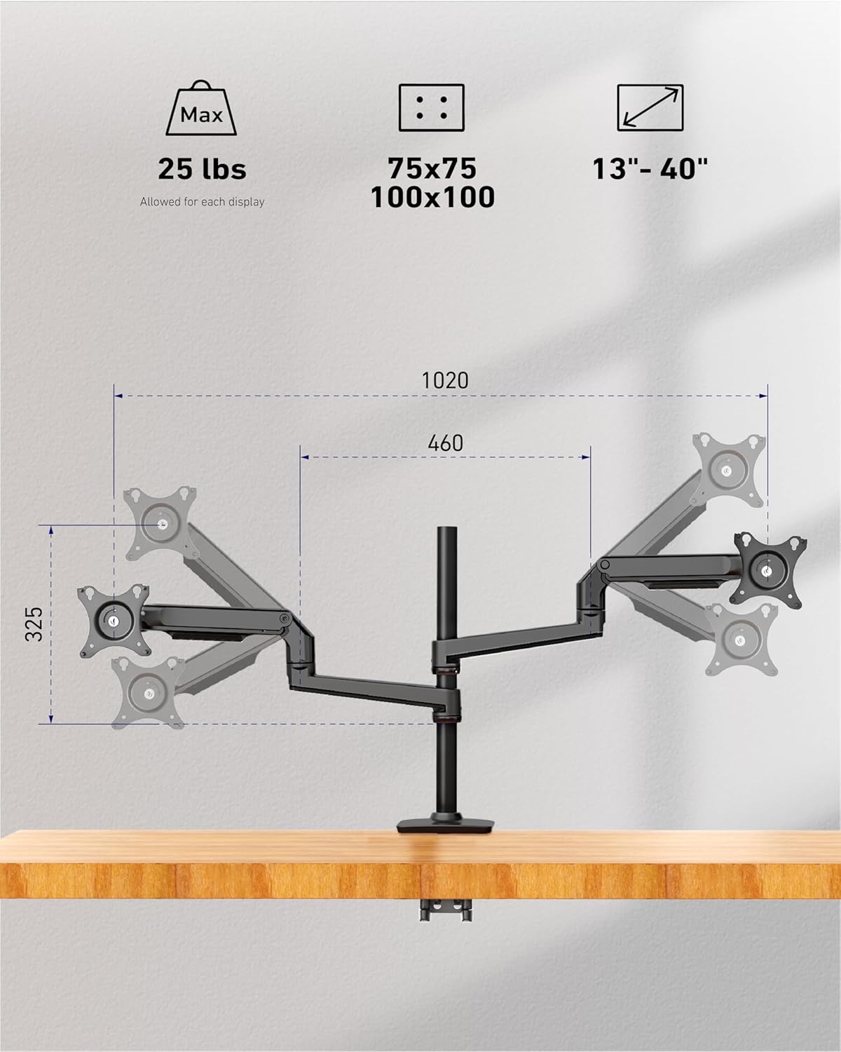 ErgoUnion Dual Monitor Stand for Desk, Vertical Dual Monitor Mount with Wide Range of Motion, Dual Monitor Arm for 17-40" Screen up to 25 lbs Each, Computer Monitor Stand for 2 Monitors - Black