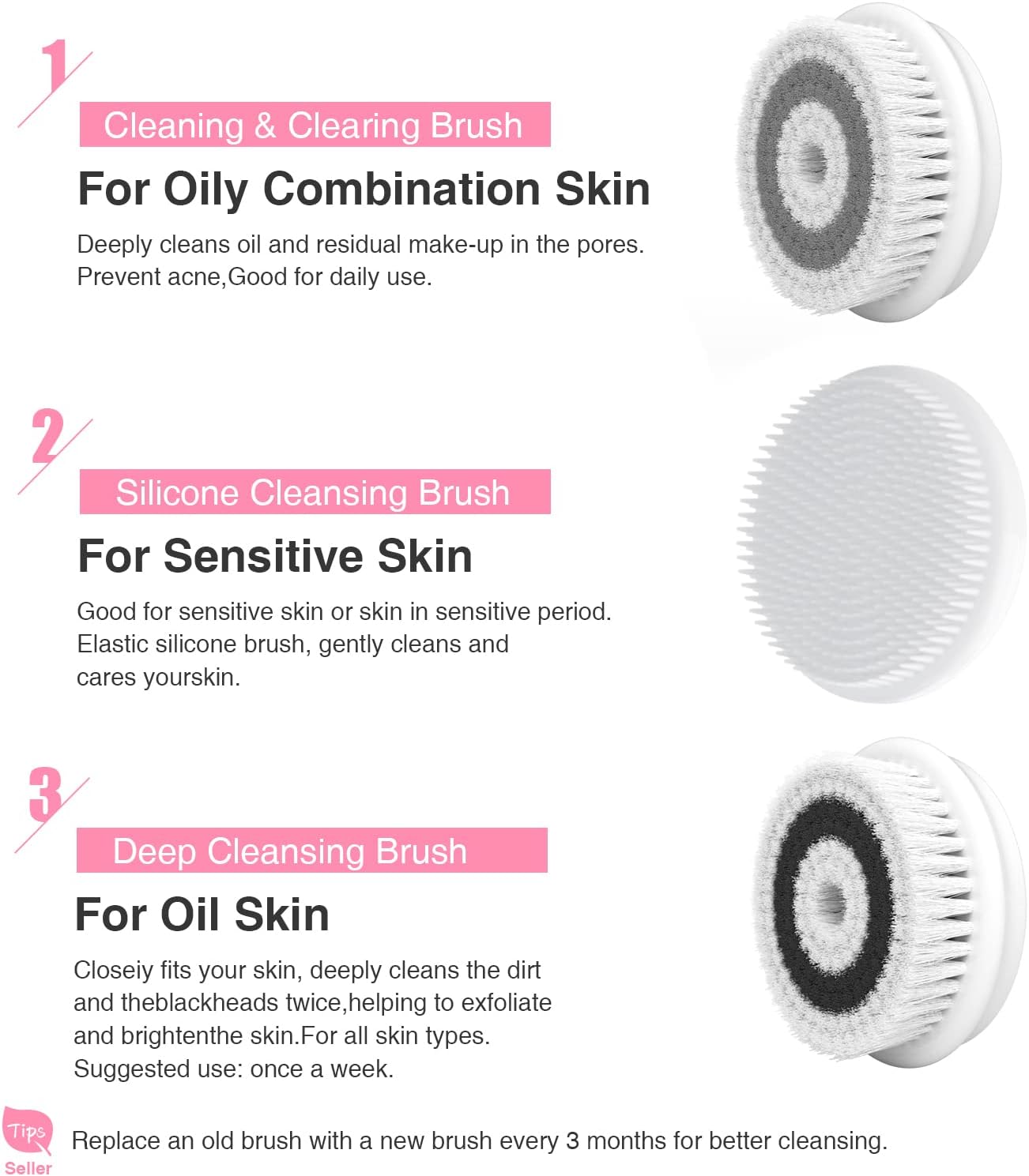 Facial Cleansing Brush Electric Facial Exfoliating Massage Brush with 3 Cleanser Heads and 2 Speeds Adjustable for Deep Cleaning, Removing Blackhead, Face Massaging