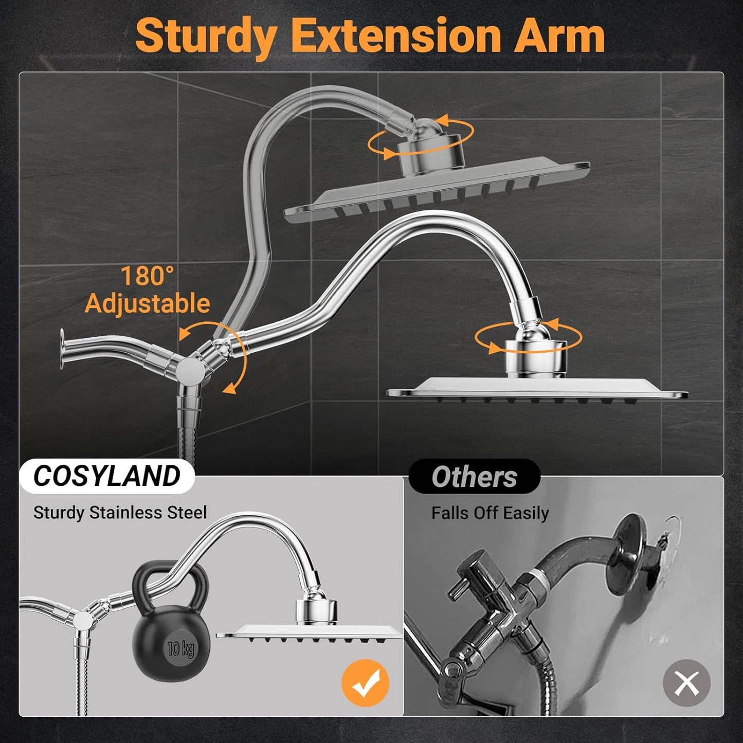COSYLAND Rain Shower Head with Handheld - 304 Stainless Steel High Pressure 8 inch Square Rainfall Showerhead Combo with 5 Spray Mode 11 inch Extension Adjustable Arm & 60 inch Hose - Chrome