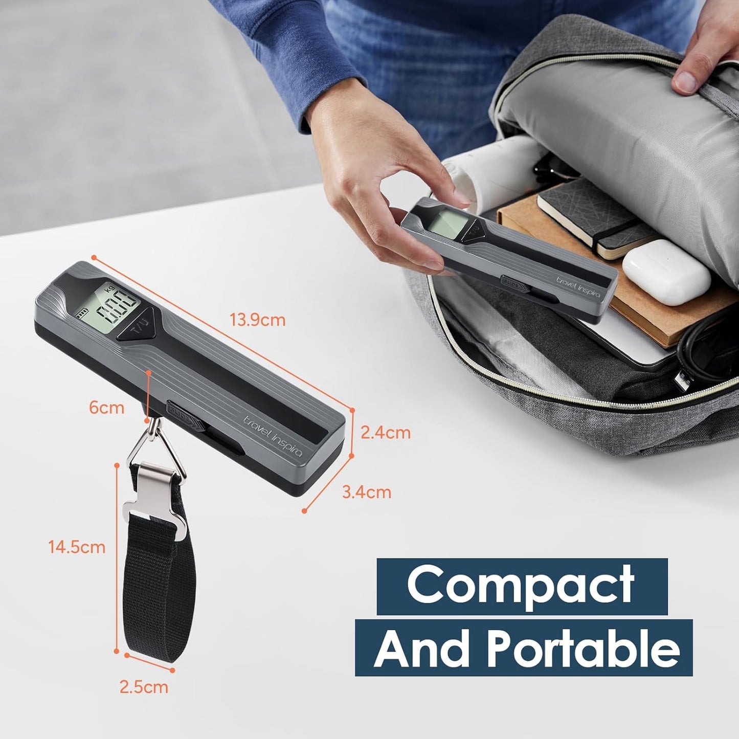travel inspira Luggage Scale Battery-Free, Travel Essentials, Portable Handheld Digital Suitcase Weight Scale for for Travel Accessories, 110lbs/50kg (Gray)