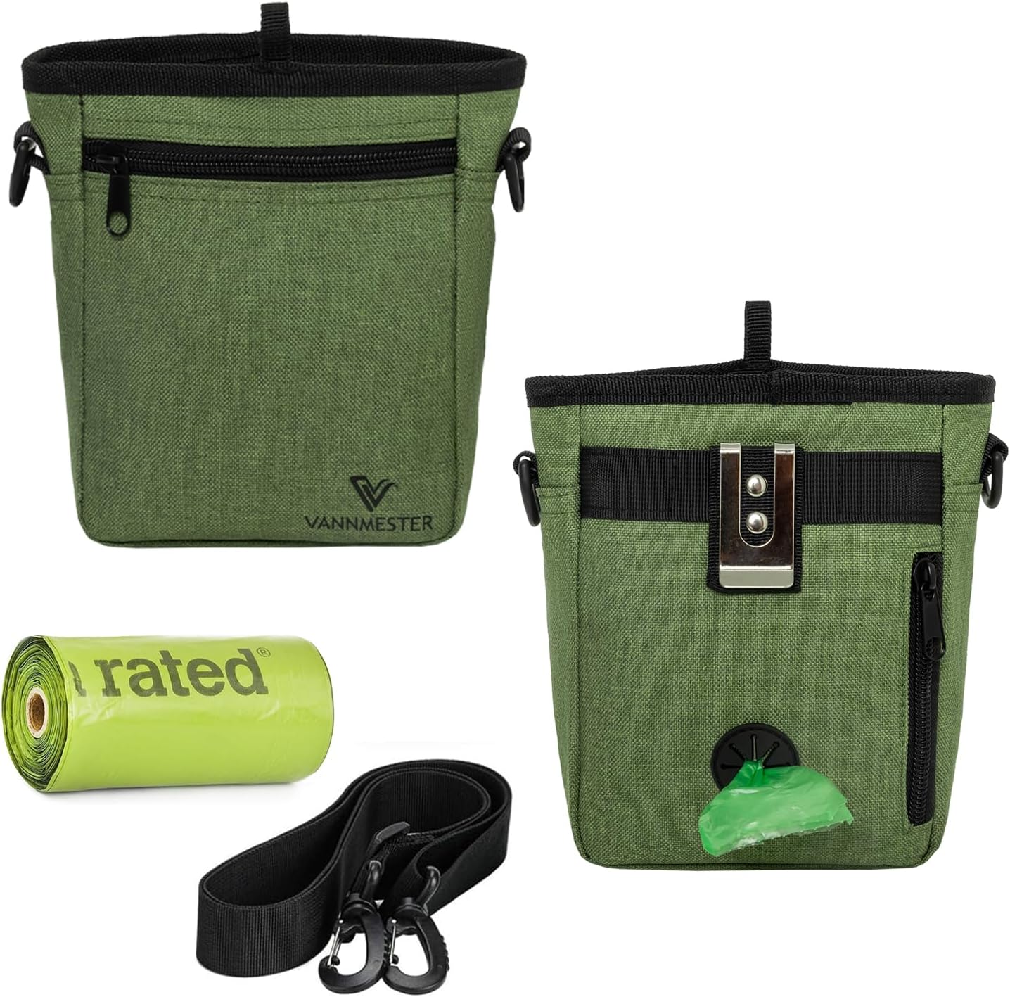 VANNMESTER Dog Training Treat Pouch,Hands-Free Dog Treat Bag,Puppy Treat Pouch,Dog Training Bag with Adjustable Belt, Metal Clip-Green