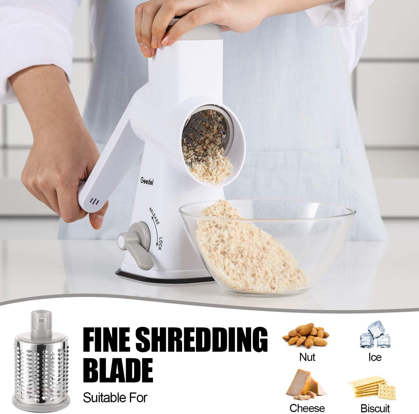 Geedel Kitchen Cheese Grater, Rotary Mandoline Vegetable Slicer with Interchangeable Blades, Easy to Use Rotary Grater Slicer for Fruit, Vegetables, Nuts